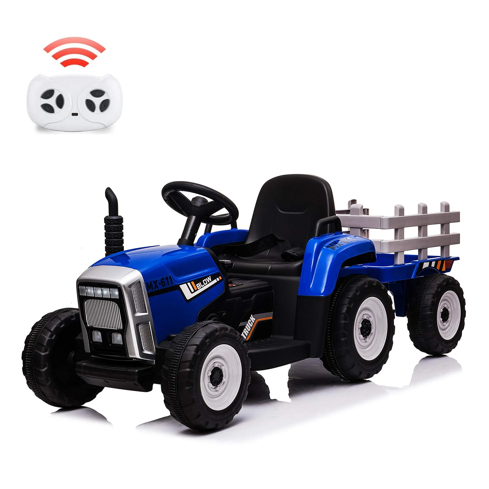 12V Kids Ride On Track,Battery Powered Electric Tractor with Trailer, Treaded Tires with Dual 25W Motors/RC, 7-LED Lights,MP3 Audio-Blue