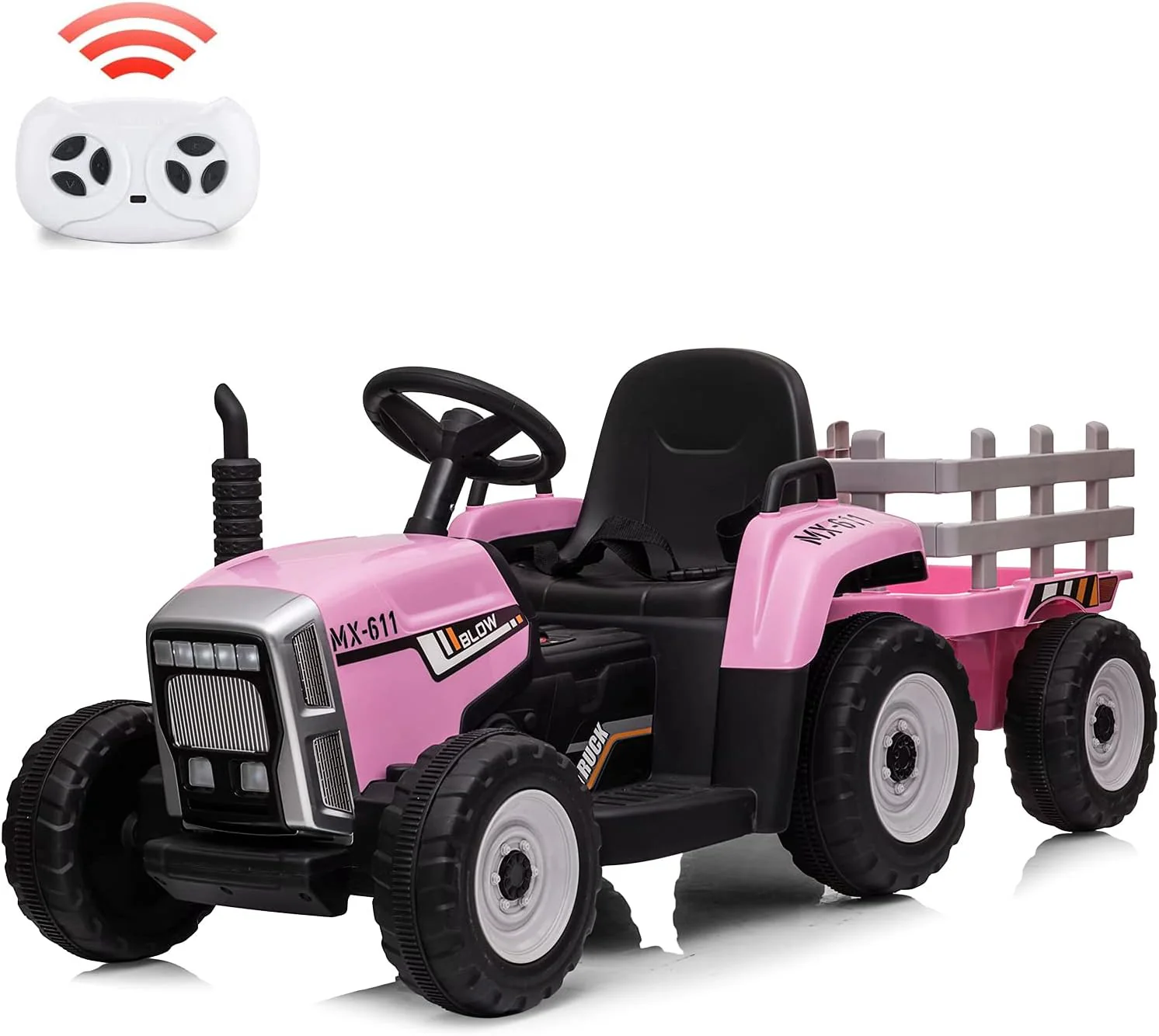 12V Kids Ride On Track,Battery Powered Electric Tractor with Trailer, Treaded Tires with Dual 25W Motors/RC, 7-LED Lights,MP3 Audio-Blue - Image 2