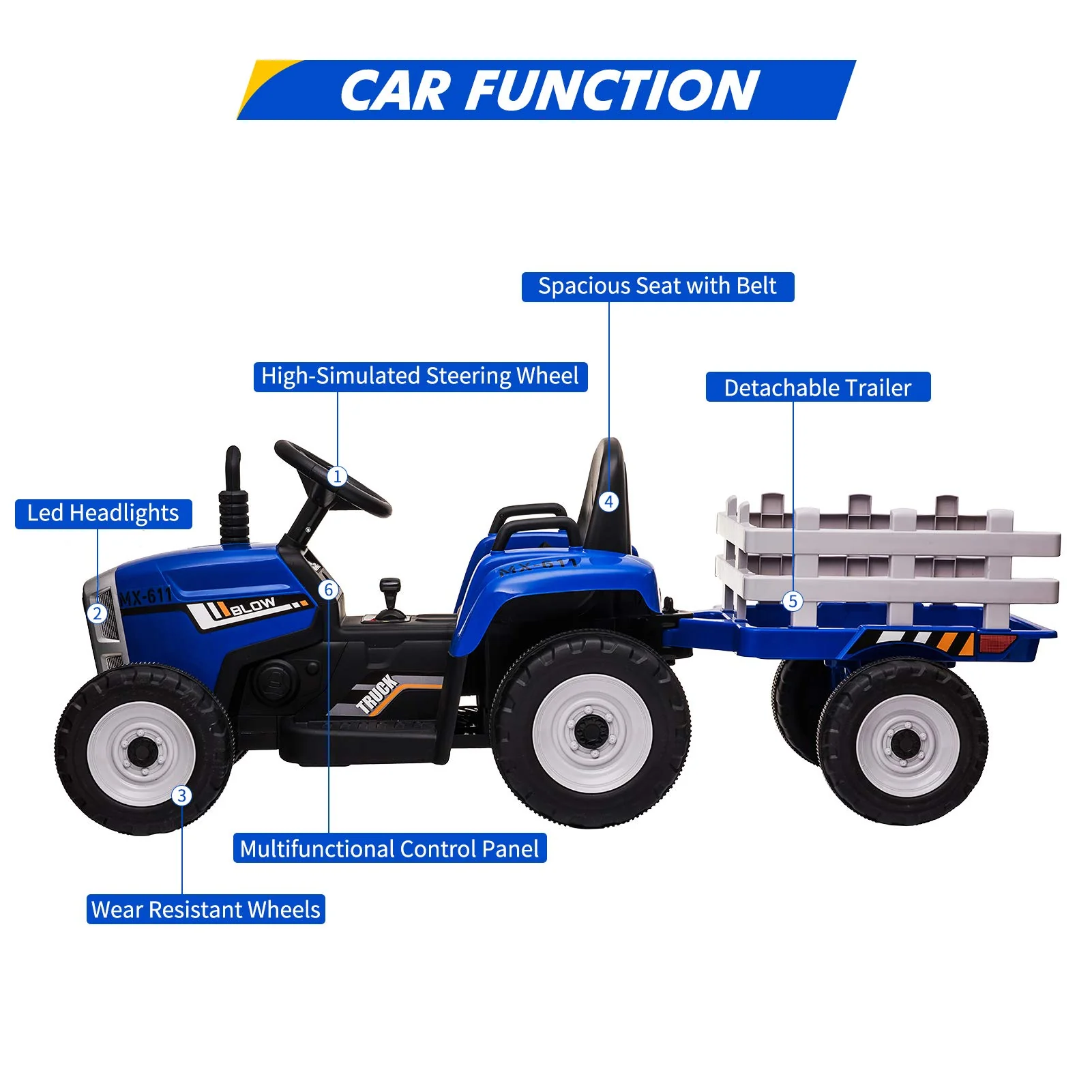 12V Kids Ride On Track,Battery Powered Electric Tractor with Trailer, Treaded Tires with Dual 25W Motors/RC, 7-LED Lights,MP3 Audio-Blue - Image 3