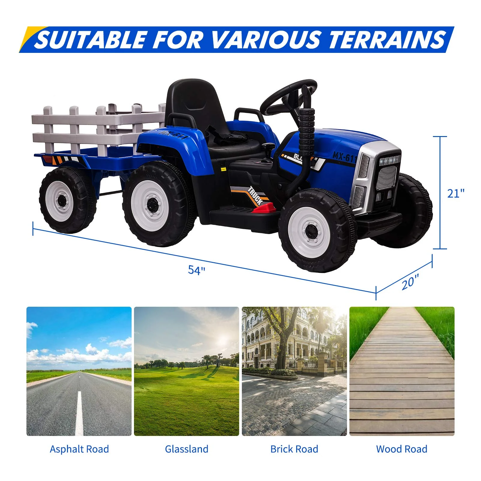 12V Kids Ride On Track,Battery Powered Electric Tractor with Trailer, Treaded Tires with Dual 25W Motors/RC, 7-LED Lights,MP3 Audio-Blue - Image 4