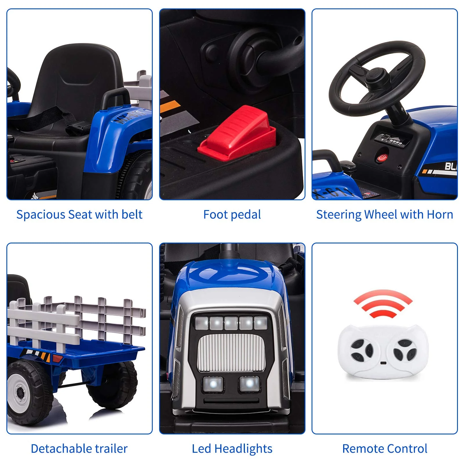 12V Kids Ride On Track,Battery Powered Electric Tractor with Trailer, Treaded Tires with Dual 25W Motors/RC, 7-LED Lights,MP3 Audio-Blue - Image 5