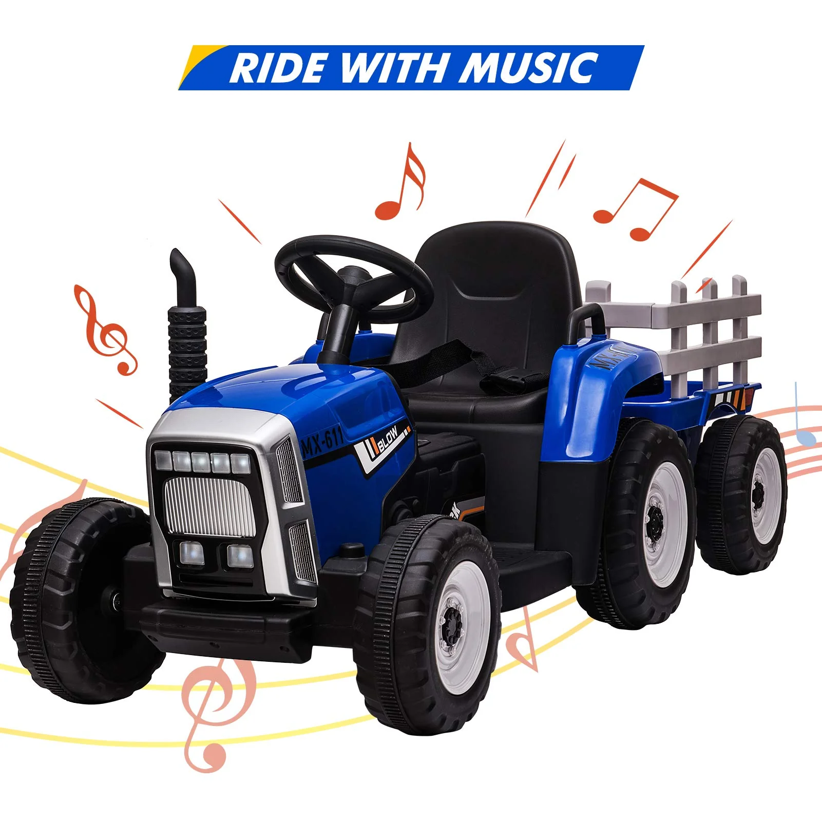 12V Kids Ride On Track,Battery Powered Electric Tractor with Trailer, Treaded Tires with Dual 25W Motors/RC, 7-LED Lights,MP3 Audio-Blue - Image 7