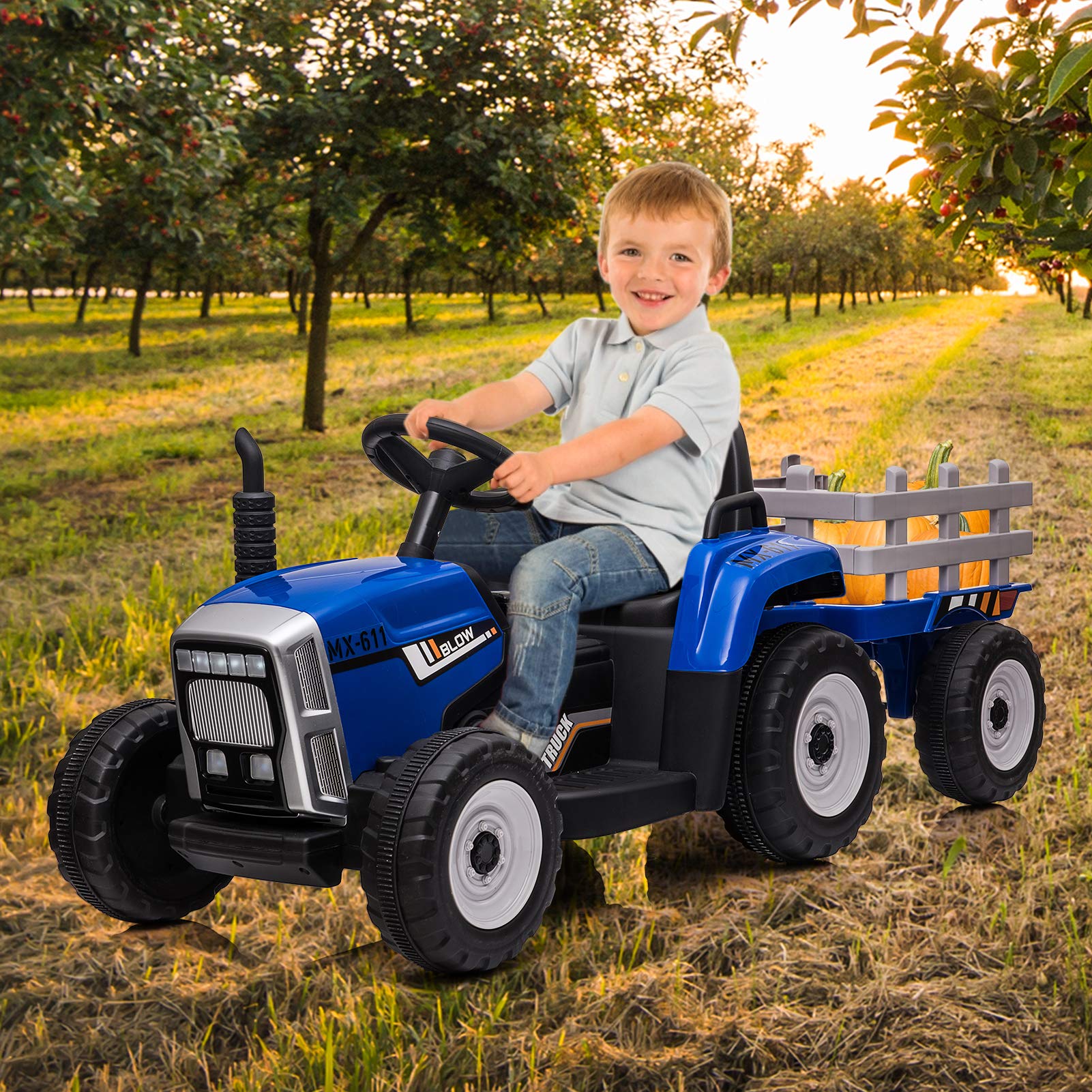 12V Kids Ride On Track,Battery Powered Electric Tractor with Trailer, Treaded Tires with Dual 25W Motors/RC, 7-LED Lights,MP3 Audio-Blue - Image 8