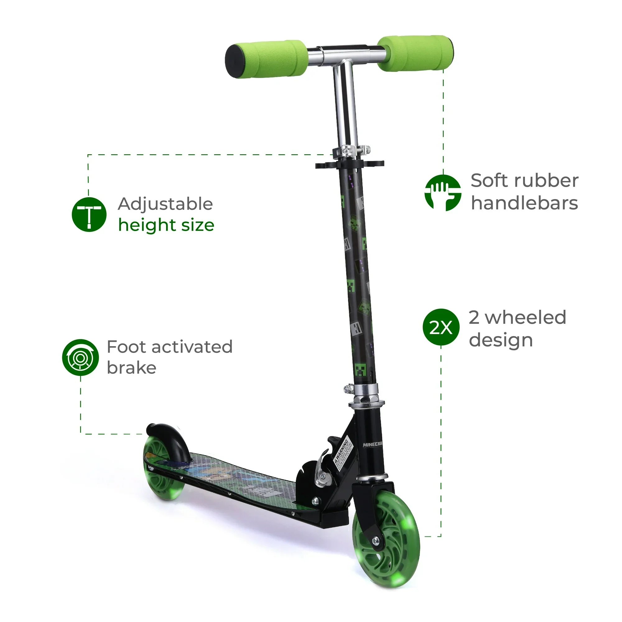2-Wheel Minecraft Kick Scooter with Light-up Wheels, Foldable Scooter for Kids, Green - Image 3