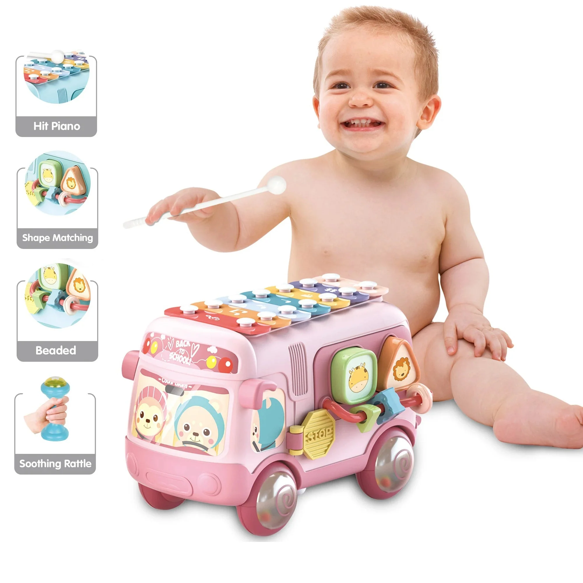 Musical Toy with Rattles, Shape Sorter, Bead Design, Pull-Along Feature – Suitable for Early Learning and Fun Adventures for Babies 18 Months, Older, Color May Vary - Image 2