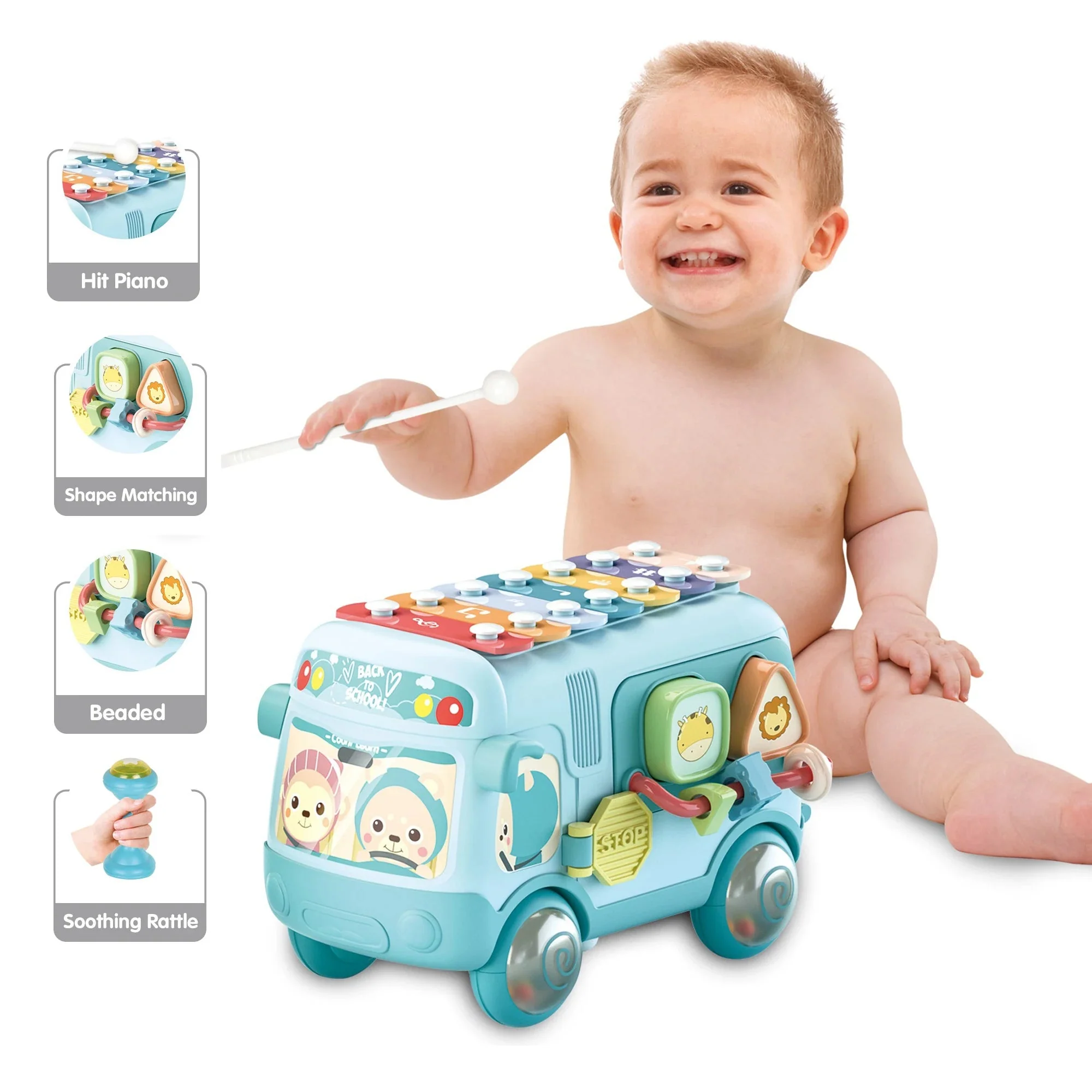 Musical Toy with Rattles, Shape Sorter, Bead Design, Pull-Along Feature – Suitable for Early Learning and Fun Adventures for Babies 18 Months, Older, Color May Vary - Image 3