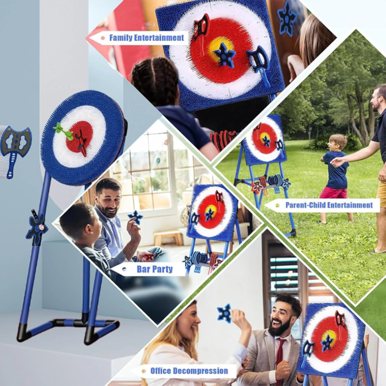 Backyard Target Throwing Game Set, Foldable Dart Axe Throwing Game, Axe Throwing Set with 2 Axes, 2 Six-Star Darts and 2 Darts, Safe Indoor Game for Adults And Kids,Blue-Round - Image 2