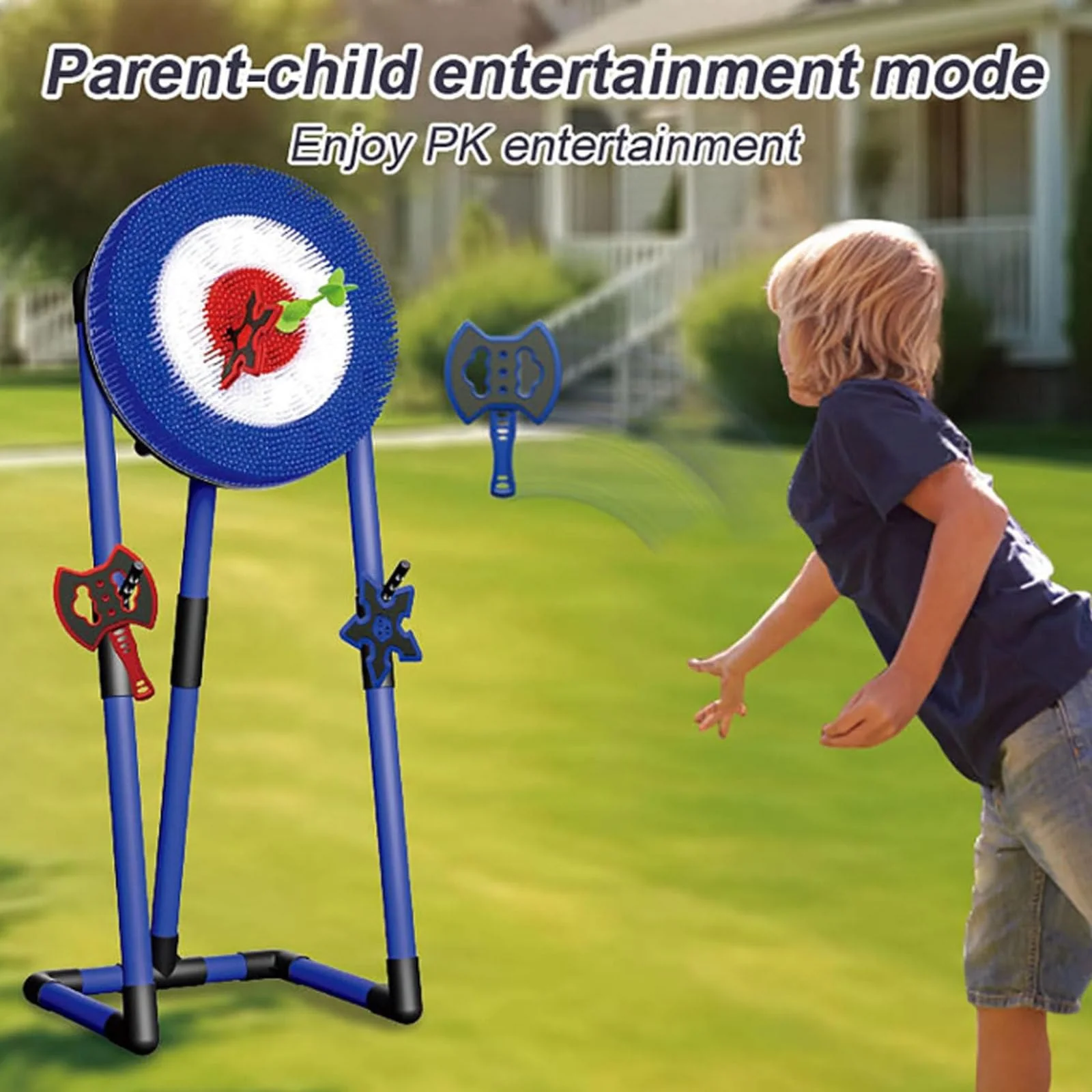Backyard Target Throwing Game Set, Foldable Dart Axe Throwing Game, Axe Throwing Set with 2 Axes, 2 Six-Star Darts and 2 Darts, Safe Indoor Game for Adults And Kids,Blue-Round - Image 5