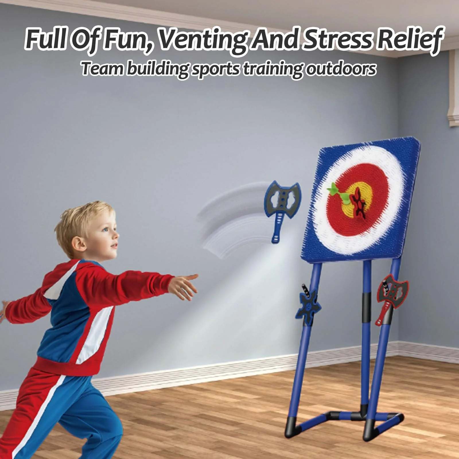 Backyard Target Throwing Game Set, Foldable Dart Axe Throwing Game, Axe Throwing Set with 2 Axes, 2 Six-Star Darts and 2 Darts, Safe Indoor Game for Adults And Kids,Blue-Round - Image 6