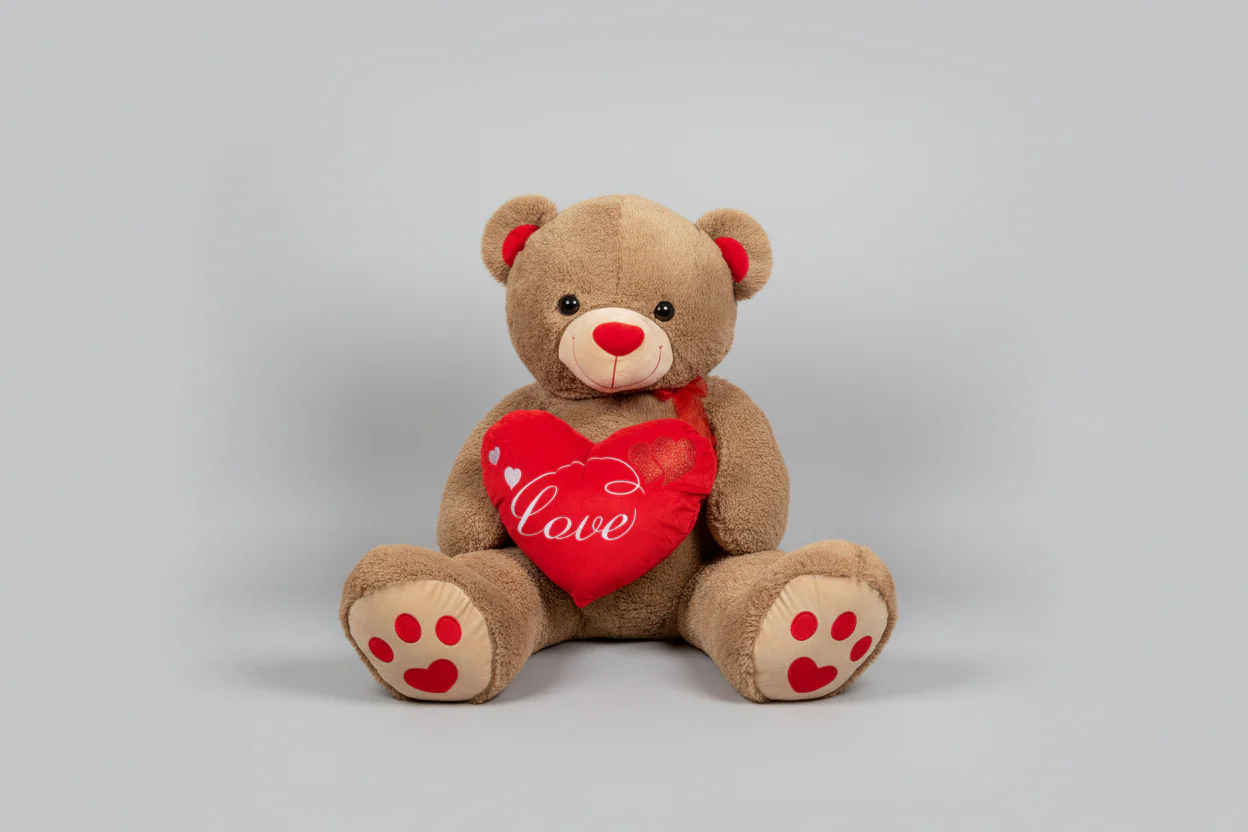 50-inch teddy bear commands attention with its generous proportions and striking red heart emblazoned with "Love."