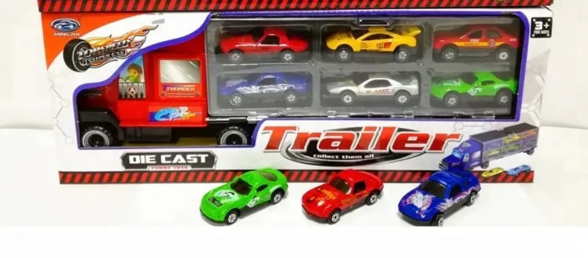 Big Die-cast Container Truck Toy Metal Classic Model Car Toy with 12pcs Mini Car. Color May Vary - Image 4