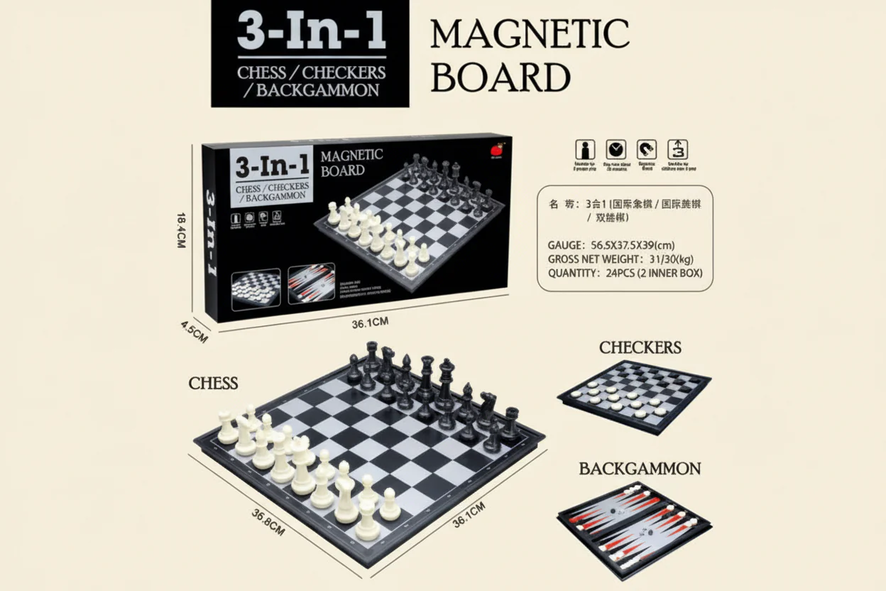 Board Game Magnetic 3 in 1 Kids and Adult, Folding Portability Travel Chess Set