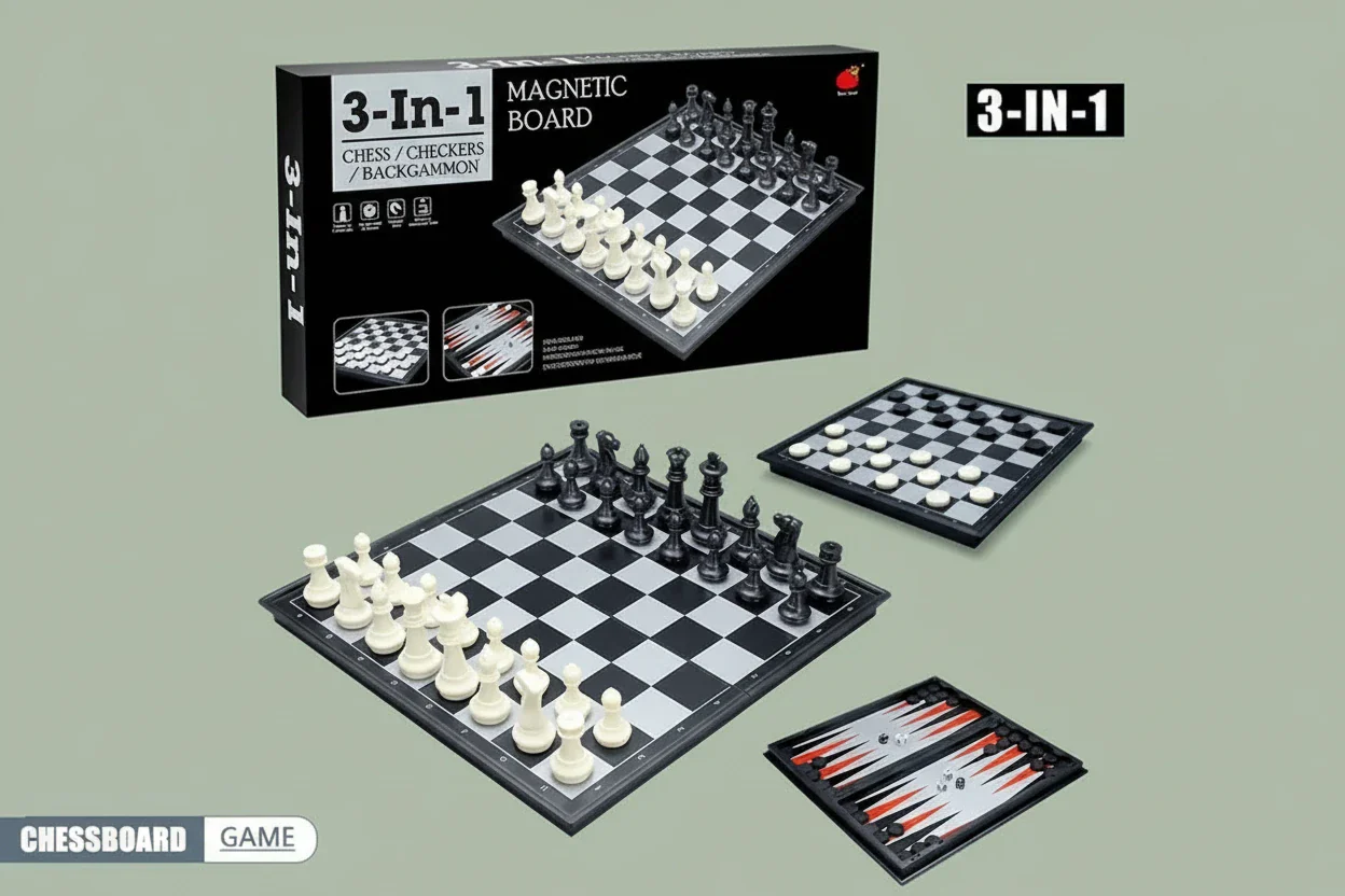 Board Game Magnetic 3 in 1 Kids and Adult, Folding Portability Travel Chess Set - Image 3
