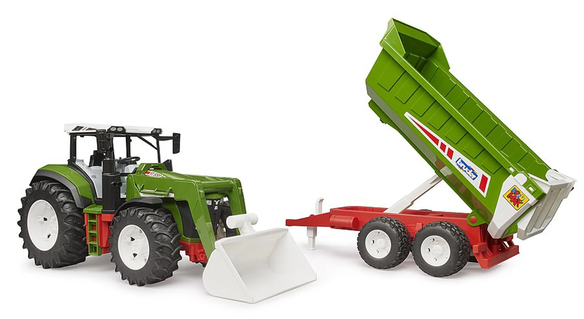 Bruder Roadmax Tractor with Front Loader and Tipping Trailer, 1:16 Scale Realistic Farm Pretend Play Toy - Image 2