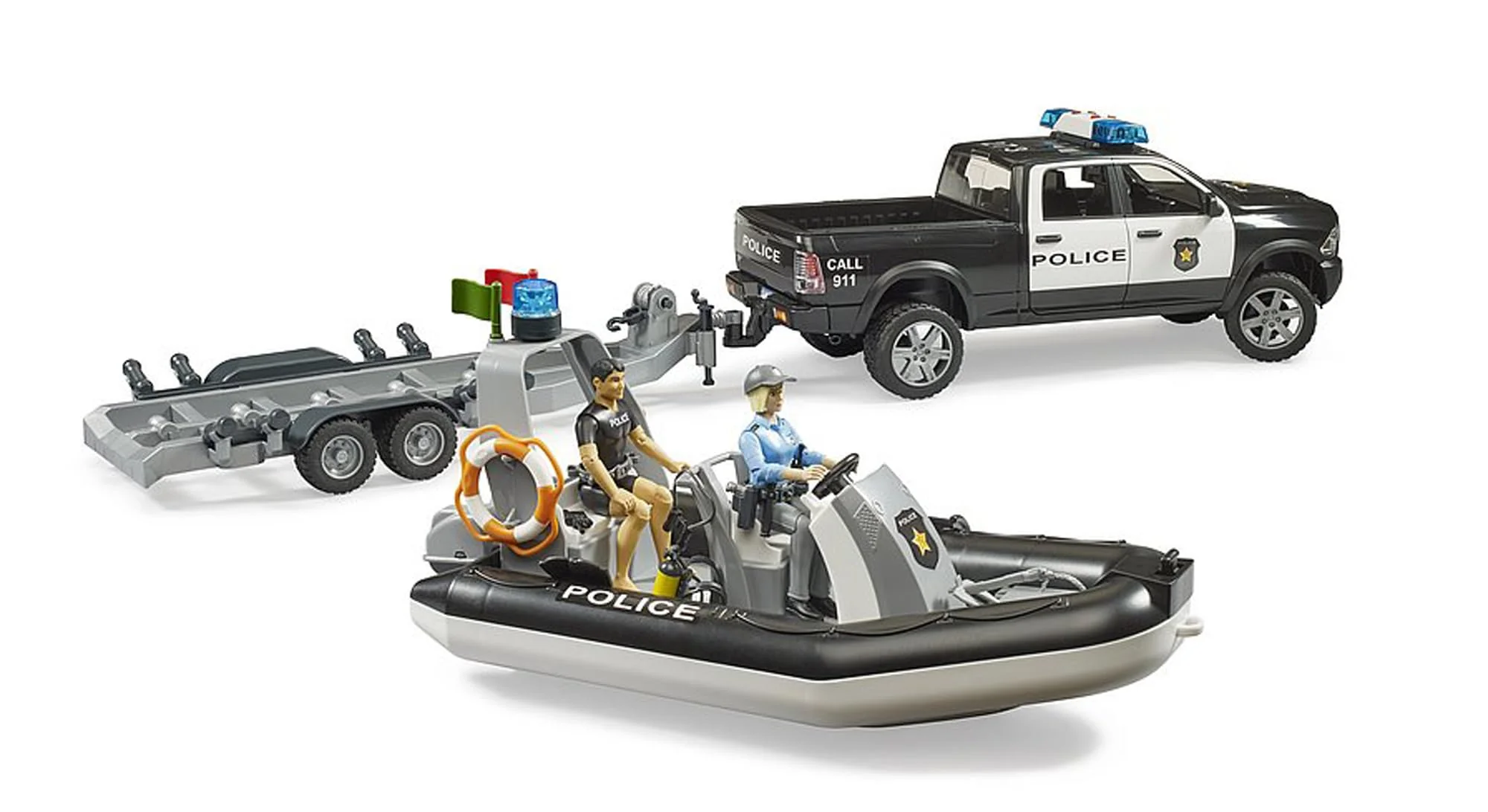 Bruder RAM 2500 Police Pickup with L + S Module Trailer, Boat and 2 Figures - Image 5