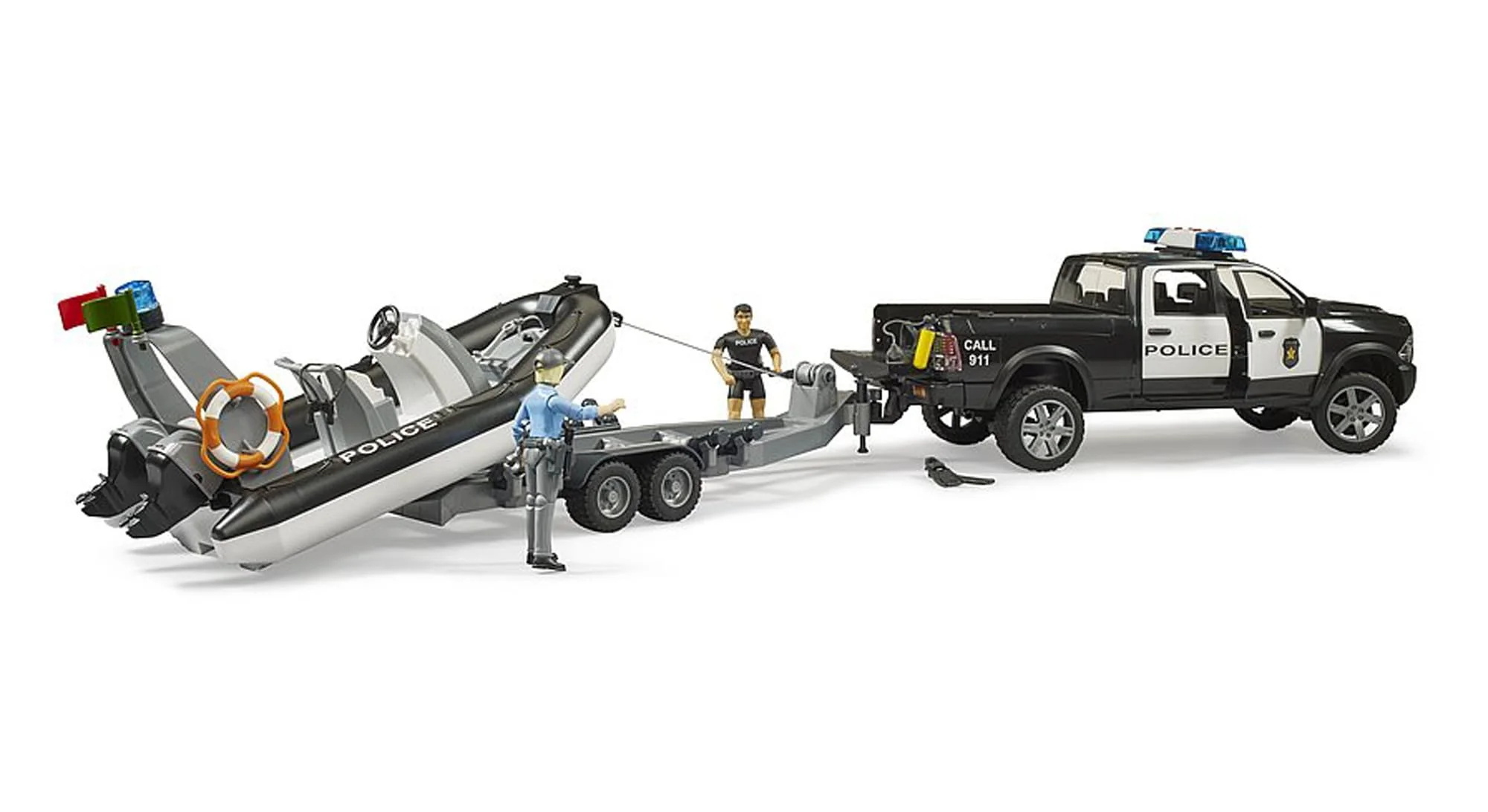 Bruder RAM 2500 Police Pickup with L + S Module Trailer, Boat and 2 Figures - Image 6