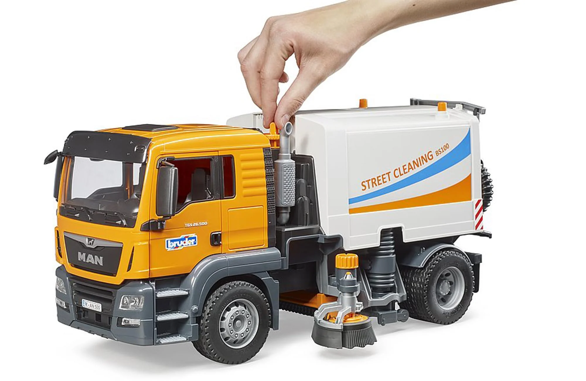 Bruder Toys - Commercial Realistic MAN TGS Street Sweeper Truck with Open-able Doors, Adjustable Brushes, and Flexible Hose - Ages 4+ - Image 4