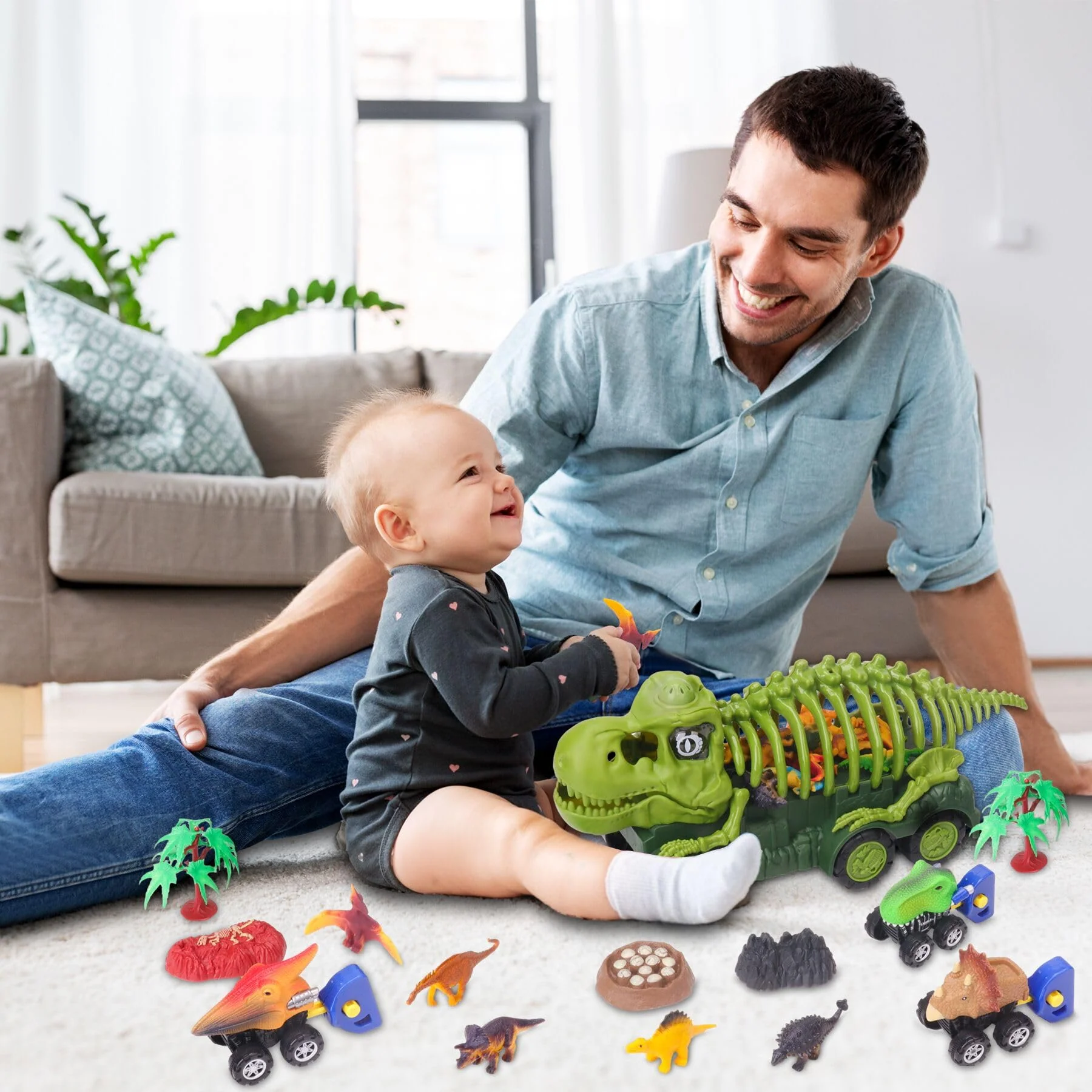 Dinosaur Truck with Sound & Light, Toy for Kids 3-5, T Rex Monster Truck Carrier Transport Car Game with 3 Little Dino Catapult Cars Vehicle & Jurassic Dinosaurs Figures - Image 2