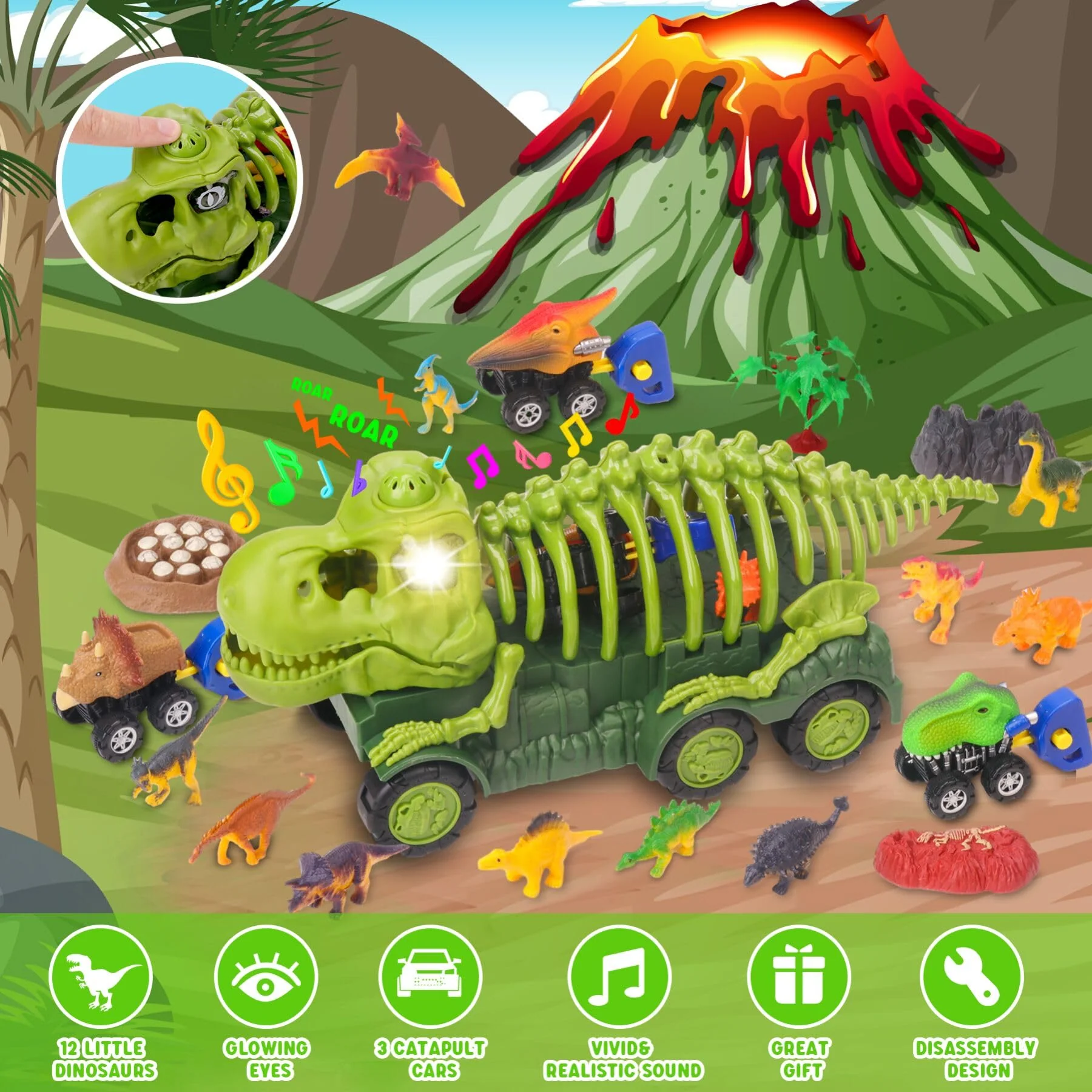 Dinosaur Truck with Sound & Light, Toy for Kids 3-5, T Rex Monster Truck Carrier Transport Car Game with 3 Little Dino Catapult Cars Vehicle & Jurassic Dinosaurs Figures - Image 3