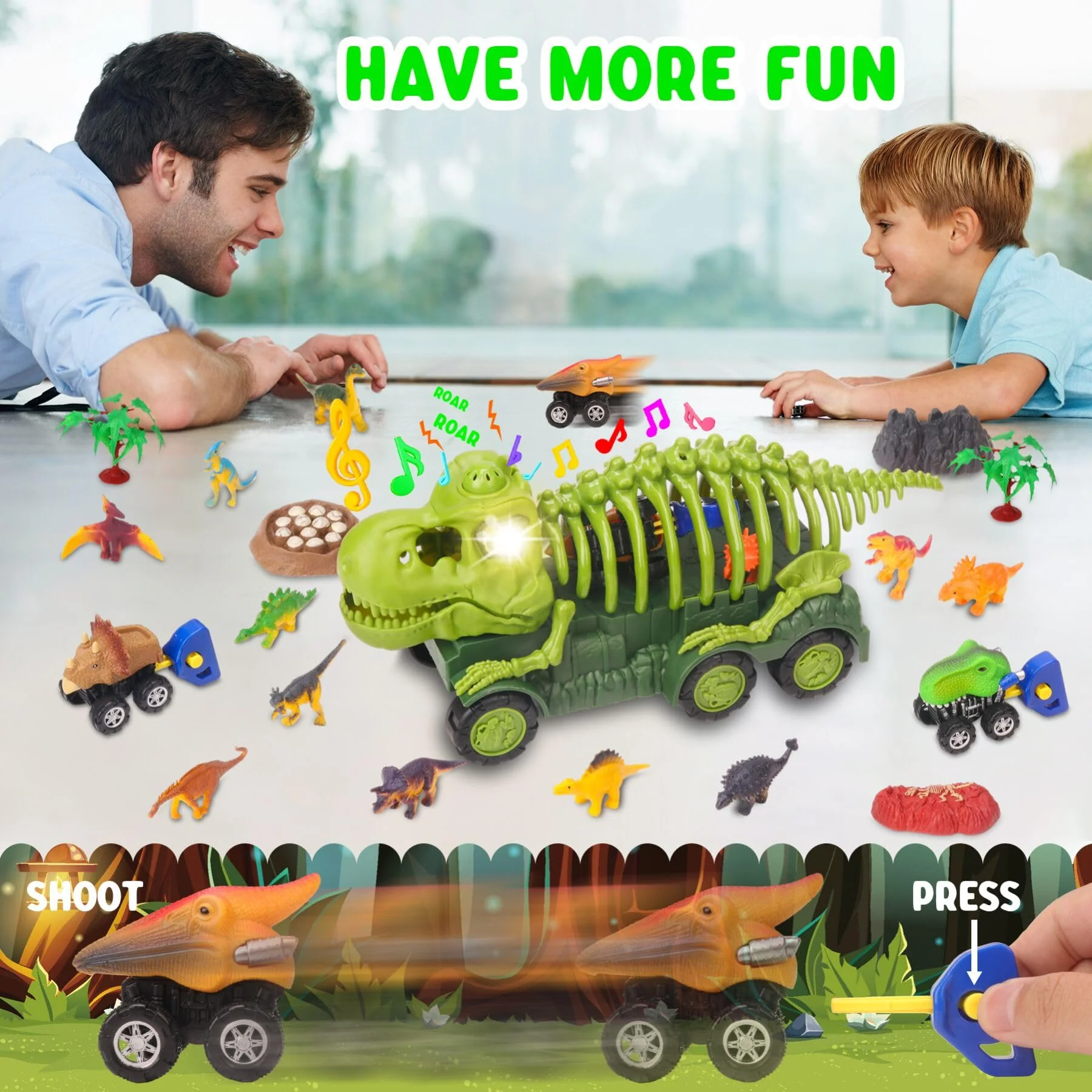 Dinosaur Truck with Sound & Light, Toy for Kids 3-5, T Rex Monster Truck Carrier Transport Car Game with 3 Little Dino Catapult Cars Vehicle & Jurassic Dinosaurs Figures - Image 5