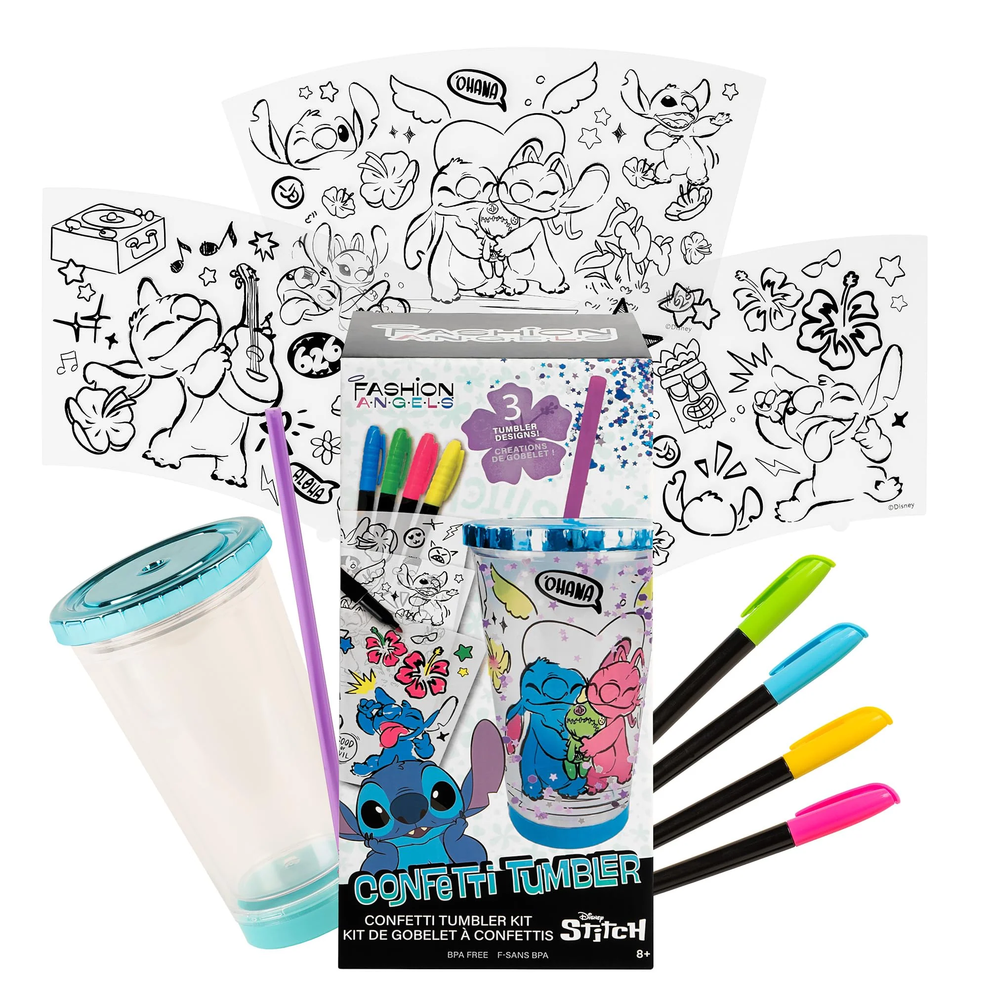 Fashion Angels Disney Stitch DIY Confetti Tumbler Design Kit, Includes BPA-Free 16 oz Tumbler, 3 Coloring Inserts, 4 Markers, Confetti & Straw, for Ages 8+