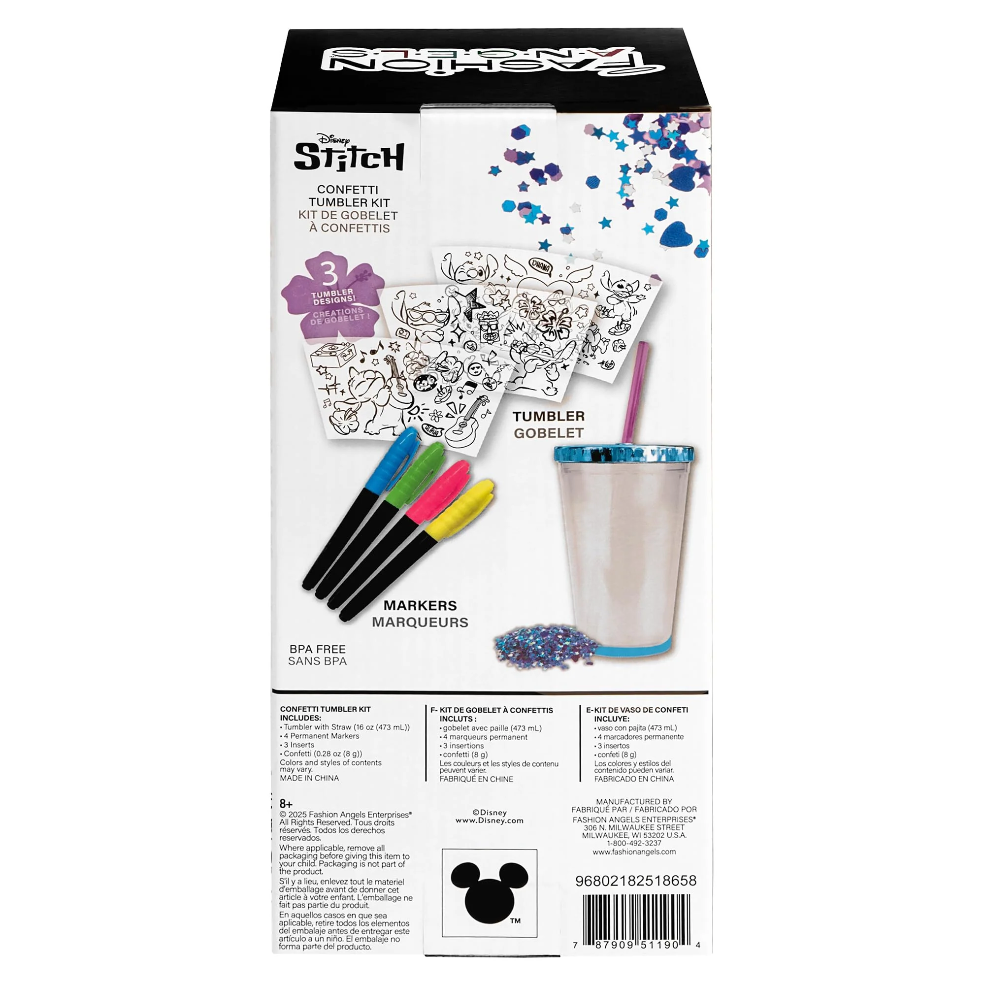 Fashion Angels Disney Stitch DIY Confetti Tumbler Design Kit, Includes BPA-Free 16 oz Tumbler, 3 Coloring Inserts, 4 Markers, Confetti & Straw, for Ages 8+ - Image 2