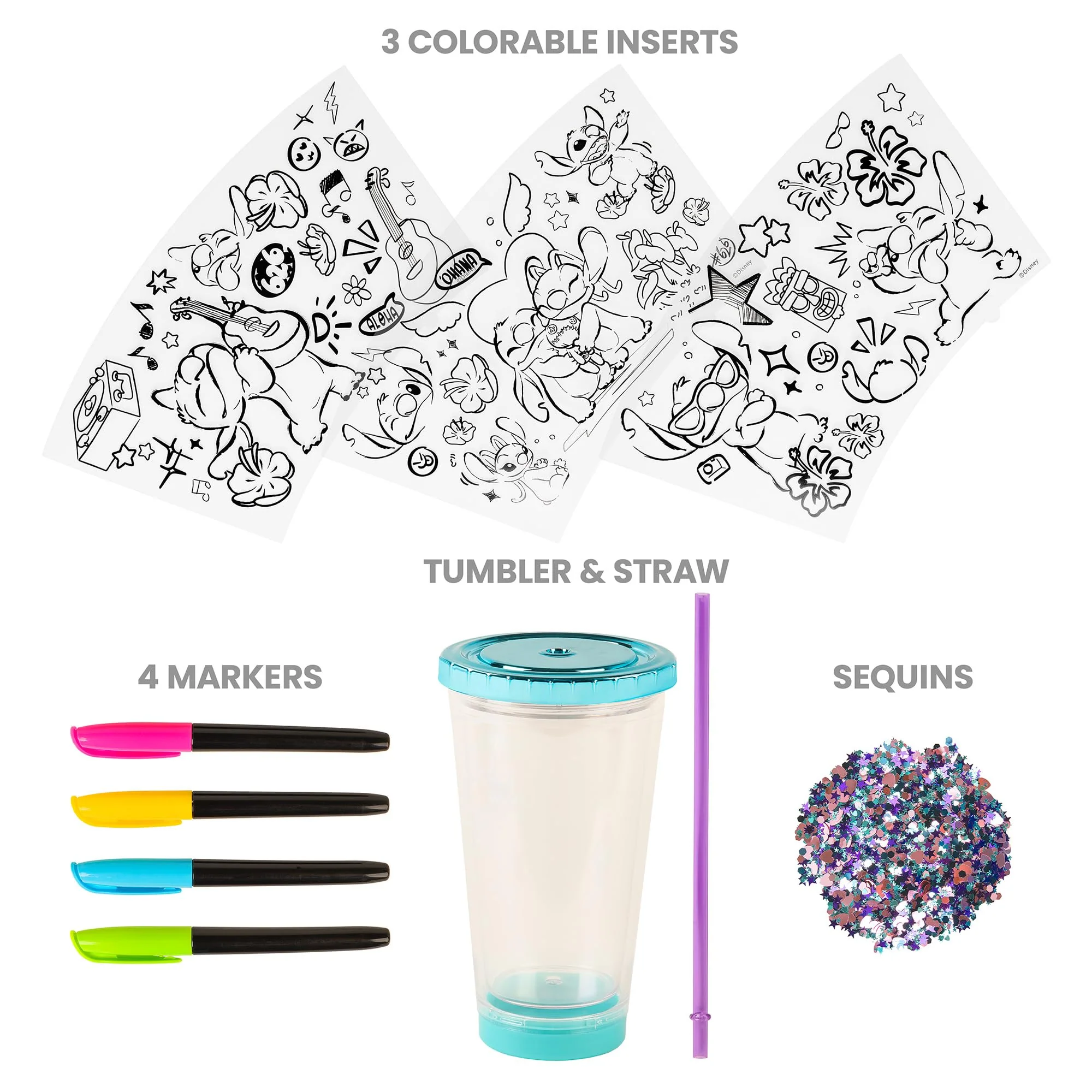 Fashion Angels Disney Stitch DIY Confetti Tumbler Design Kit, Includes BPA-Free 16 oz Tumbler, 3 Coloring Inserts, 4 Markers, Confetti & Straw, for Ages 8+ - Image 5