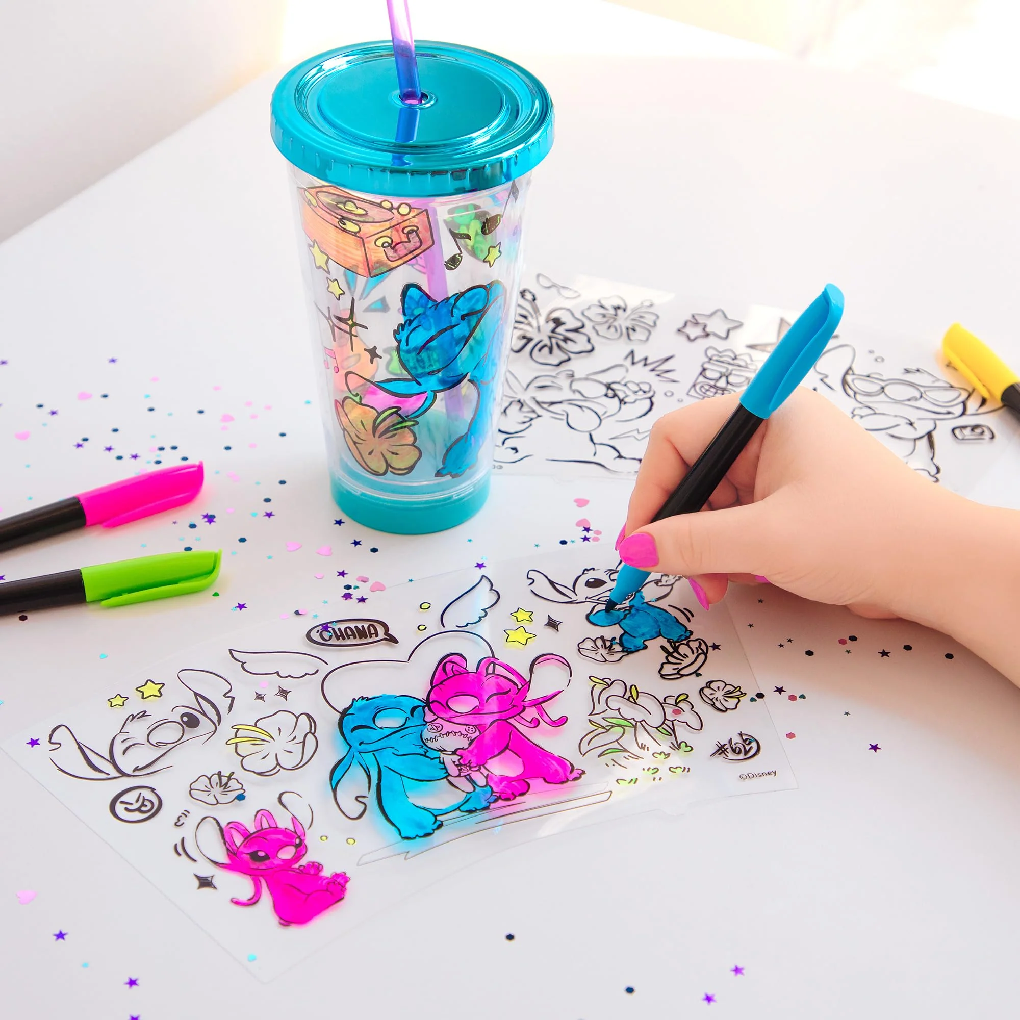 Fashion Angels Disney Stitch DIY Confetti Tumbler Design Kit, Includes BPA-Free 16 oz Tumbler, 3 Coloring Inserts, 4 Markers, Confetti & Straw, for Ages 8+ - Image 8