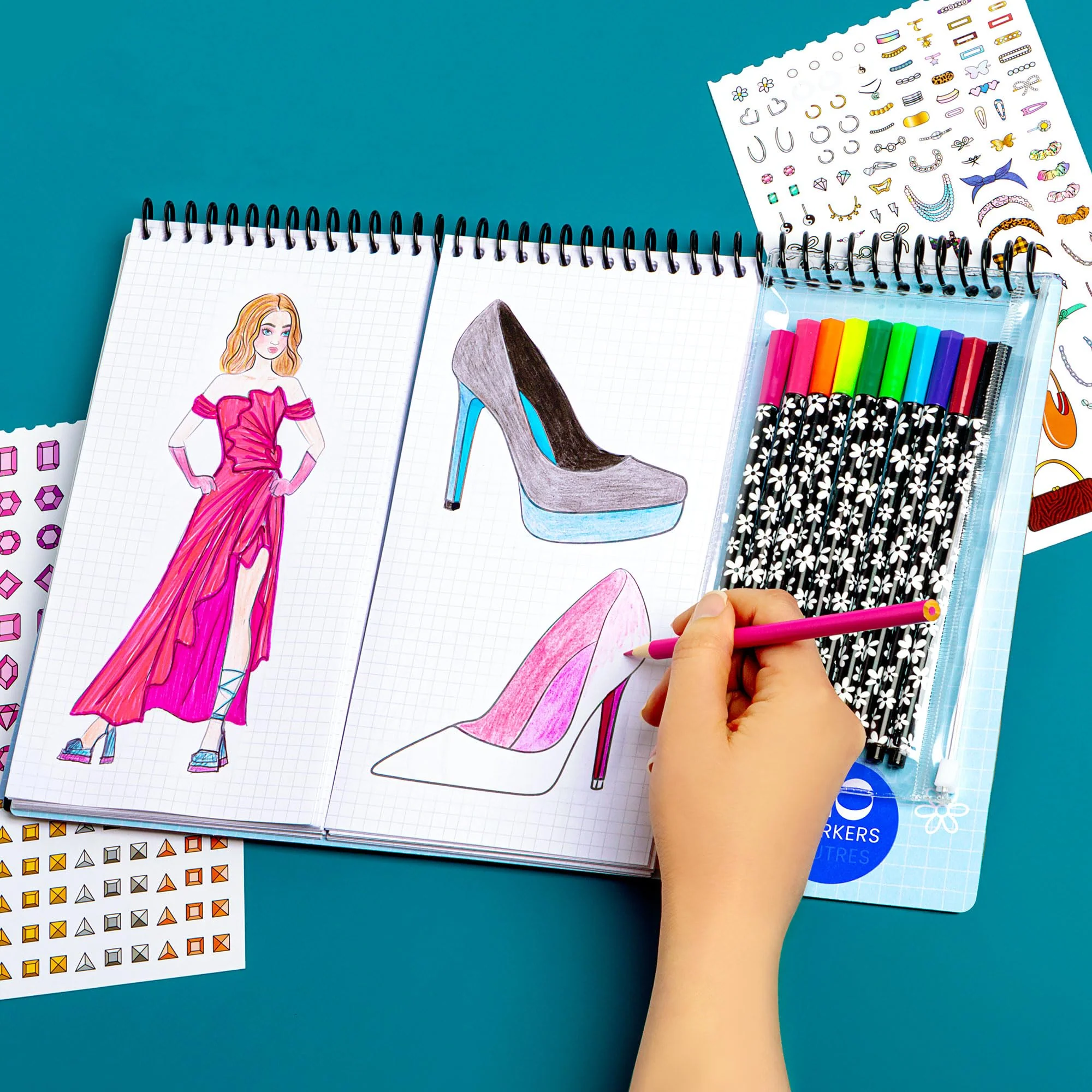 Fashion Angels Fashion & Accessory Design Sketch Set, Includes Sketch Pad with Stickers & Markers, Ultimate Fashion Design Sketch Book for Girls - Image 6