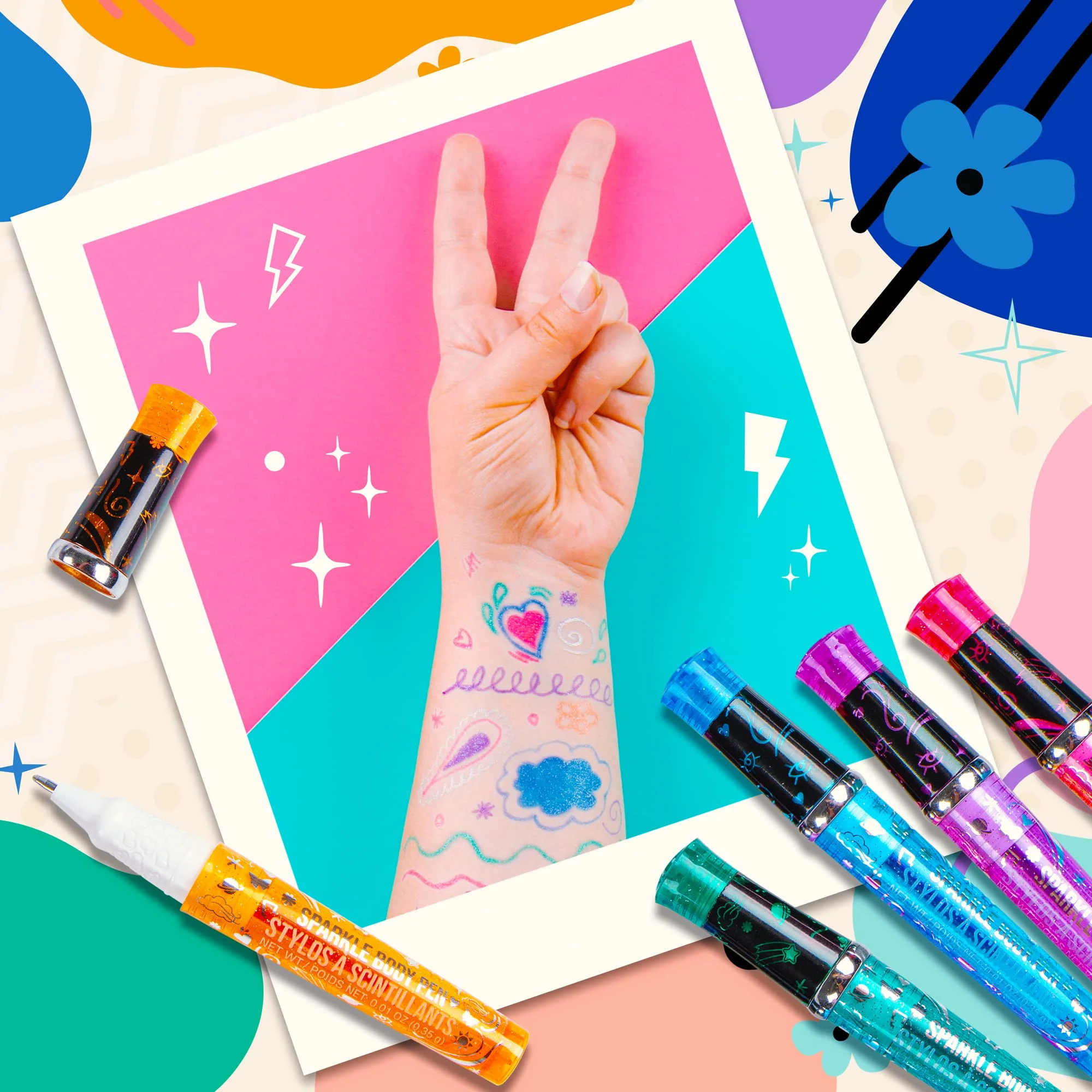 Fashion Angels Sparkle Tats Body Art Set - Temporary Tattoo Pens, Washable & Shimmery Tattoo Body Ink, 6 Tattoo Body Markers Set with Stencil Stickers for Kids 8+ - Image 4