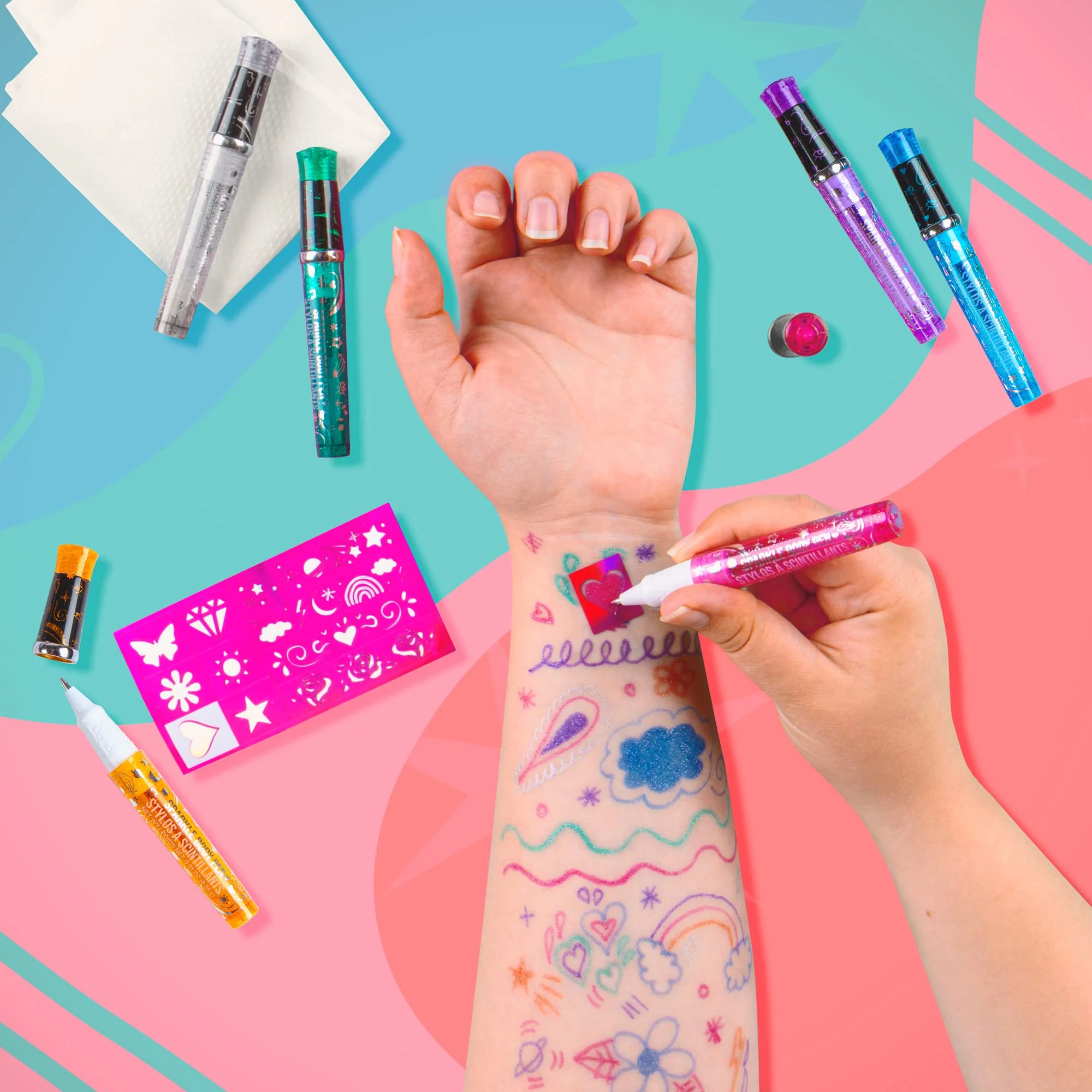 Fashion Angels Sparkle Tats Body Art Set - Temporary Tattoo Pens, Washable & Shimmery Tattoo Body Ink, 6 Tattoo Body Markers Set with Stencil Stickers for Kids 8+ - Image 5