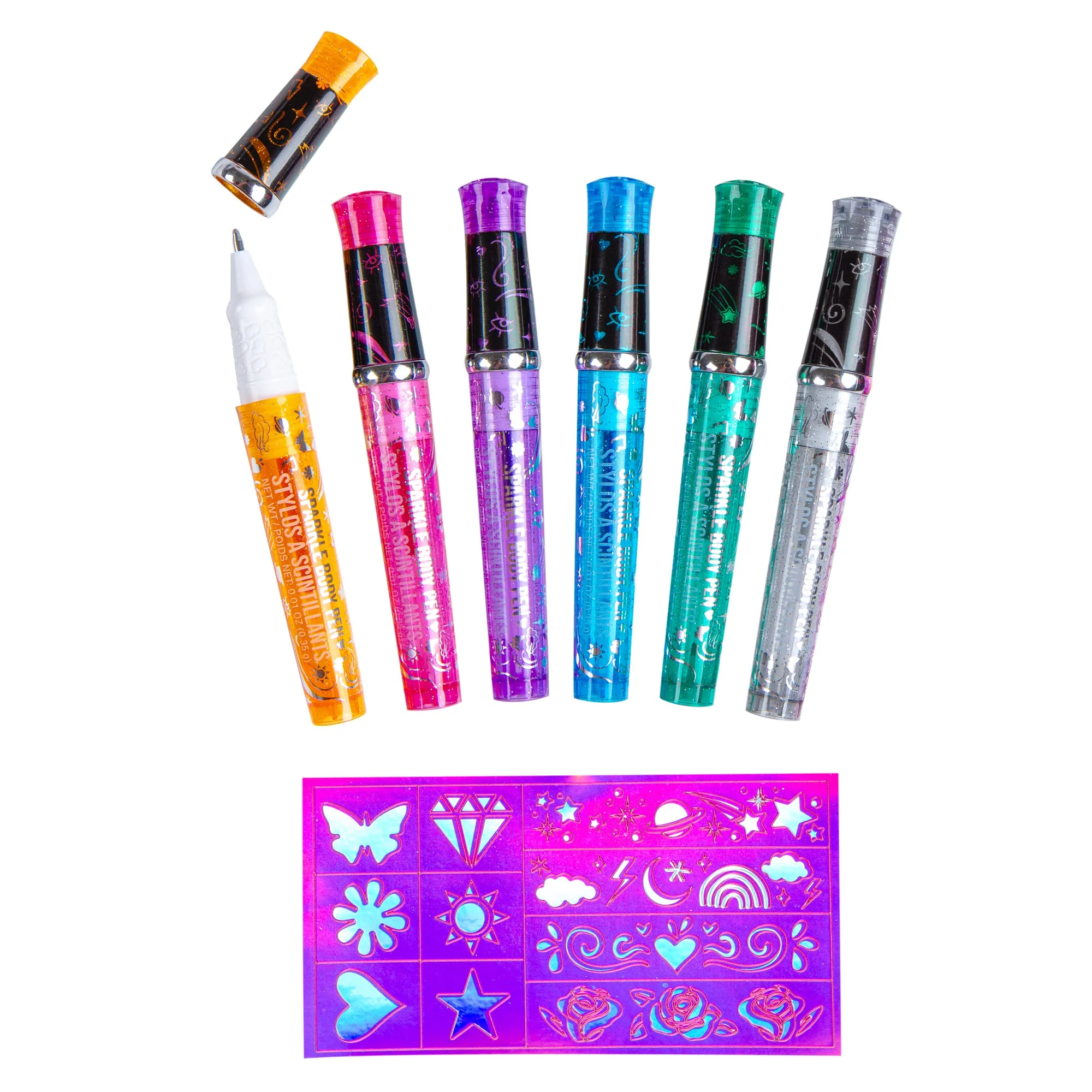 Fashion Angels Sparkle Tats Body Art Set - Temporary Tattoo Pens, Washable & Shimmery Tattoo Body Ink, 6 Tattoo Body Markers Set with Stencil Stickers for Kids 8+ - Image 6