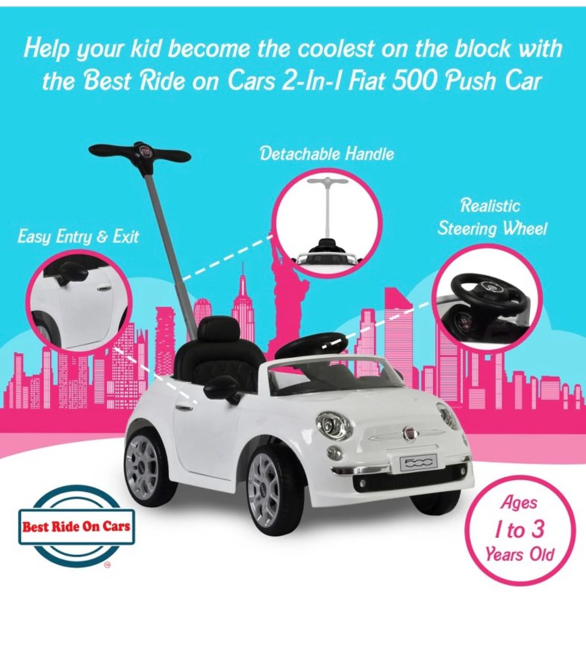 Fiat 500 2 in 1 Best Ride On Push Car - Image 3