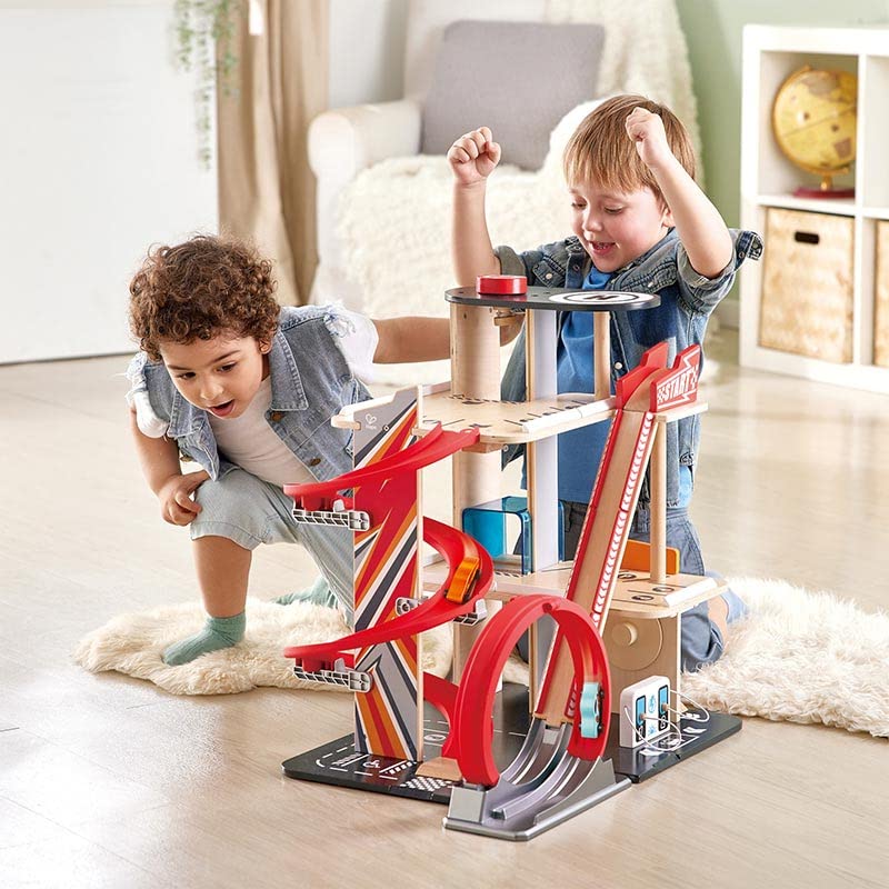 Garage Kids Wooden Toy, Hape Gearhead Stunt Car Parking Garage Playset w/ Elevator and 2 Exit Tracks, Detachable Loop - Image 10
