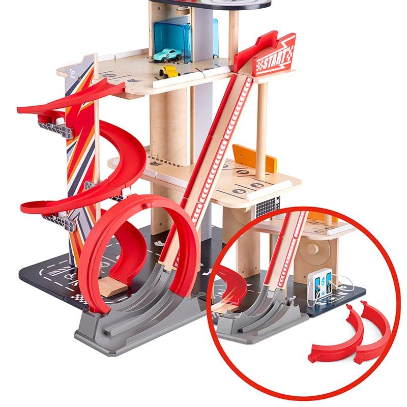 Garage Kids Wooden Toy, Hape Gearhead Stunt Car Parking Garage Playset w/ Elevator and 2 Exit Tracks, Detachable Loop - Image 11