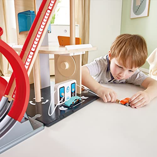Garage Kids Wooden Toy, Hape Gearhead Stunt Car Parking Garage Playset w/ Elevator and 2 Exit Tracks, Detachable Loop - Image 12