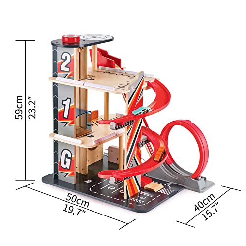 Garage Kids Wooden Toy, Hape Gearhead Stunt Car Parking Garage Playset w/ Elevator and 2 Exit Tracks, Detachable Loop - Image 14