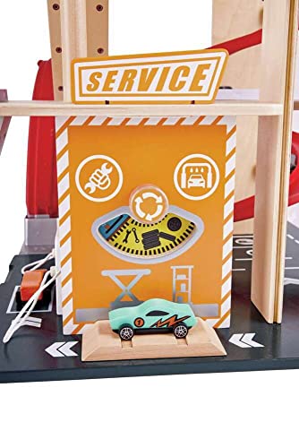 Garage Kids Wooden Toy, Hape Gearhead Stunt Car Parking Garage Playset w/ Elevator and 2 Exit Tracks, Detachable Loop - Image 3