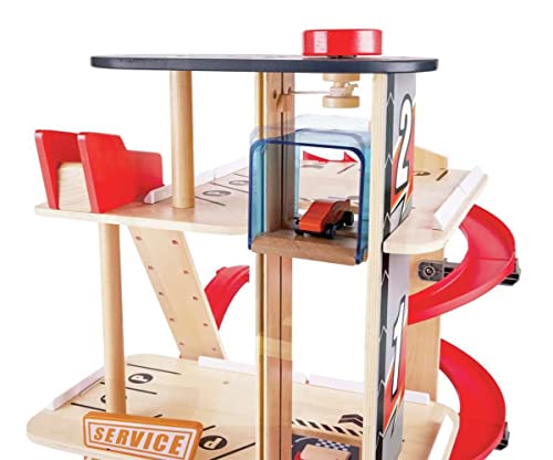 Garage Kids Wooden Toy, Hape Gearhead Stunt Car Parking Garage Playset w/ Elevator and 2 Exit Tracks, Detachable Loop - Image 7