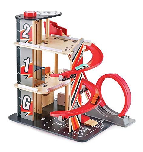 Garage Kids Wooden Toy, Hape Gearhead Stunt Car Parking Garage Playset w/ Elevator and 2 Exit Tracks, Detachable Loop - Image 9