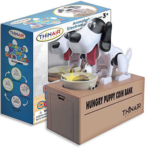 Happy Puppy Piggy Bank for Boys & Girls | Electronic Money Bank Features Cute Animated Puppy Eating Coins in Doggie Bowl | Durably Crafted Coin Bank