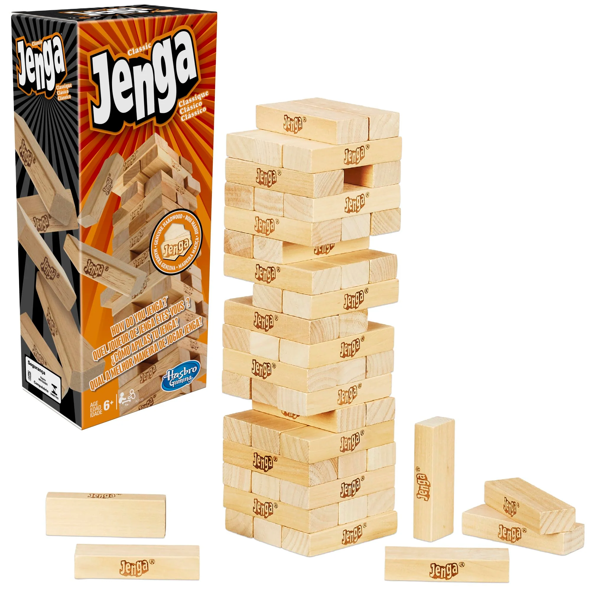 Hasbro Gaming Jenga Game, The Original Wood Block Game with Genuine Hardwood Blocks Stacking Tower Ages 6+ 1 or More Players Party Games for Kids Family Games
