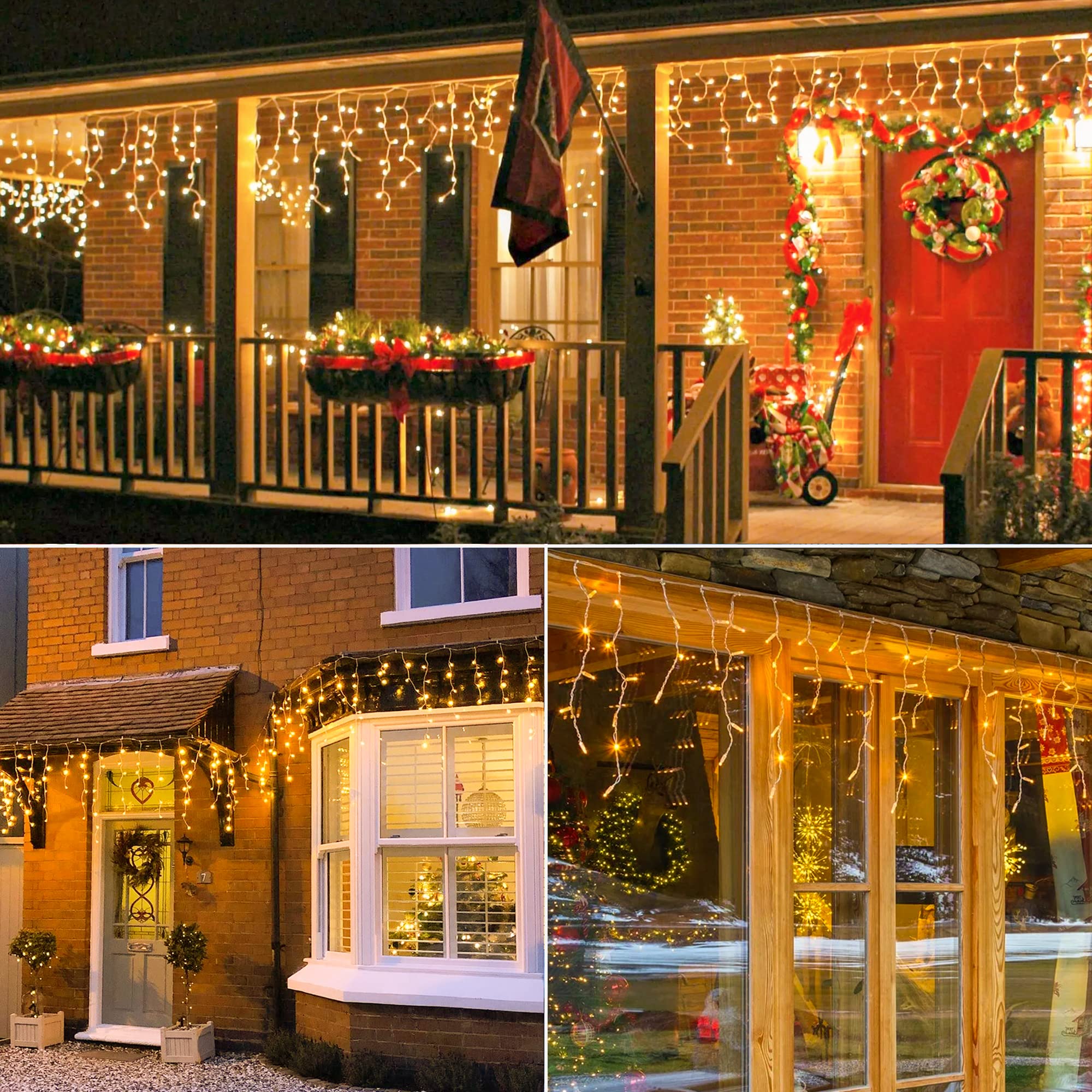 32 FT 360 LED Christmas Icicle Lights Outdoor Waterproof, 8 Modes Plug in Curtain String LIghts With 60 Drops,Christmas Lights for Wedding, Party ,Bedroom, Home, Garden ,Wall Decorations(Warm White) - Image 3