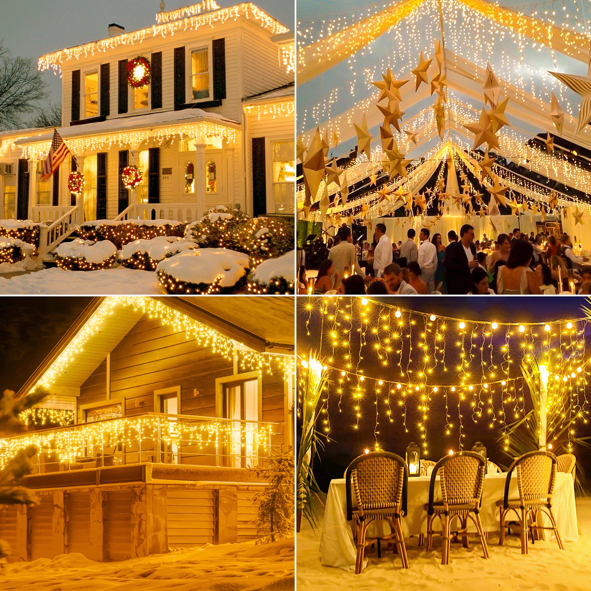 32 FT 360 LED Christmas Icicle Lights Outdoor Waterproof, 8 Modes Plug in Curtain String LIghts With 60 Drops,Christmas Lights for Wedding, Party ,Bedroom, Home, Garden ,Wall Decorations(Warm White) - Image 4