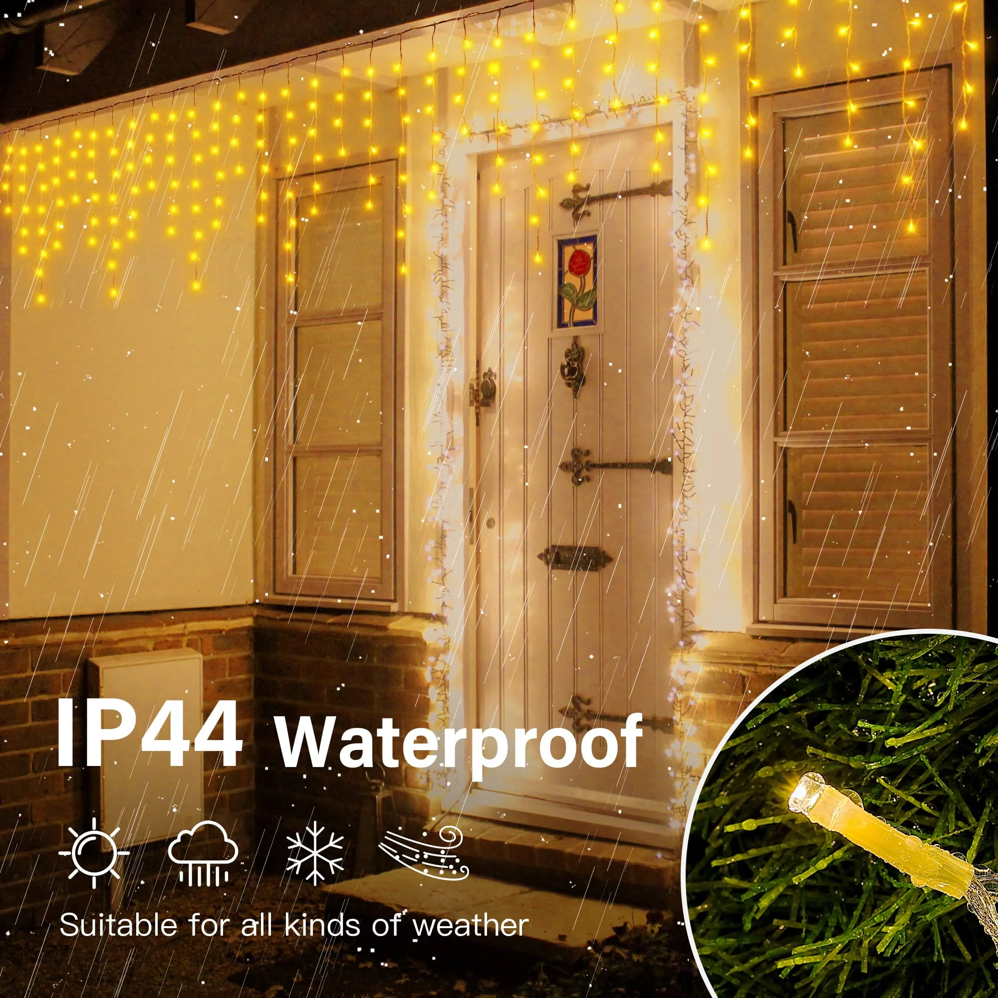 32 FT 360 LED Christmas Icicle Lights Outdoor Waterproof, 8 Modes Plug in Curtain String LIghts With 60 Drops,Christmas Lights for Wedding, Party ,Bedroom, Home, Garden ,Wall Decorations(Warm White) - Image 5