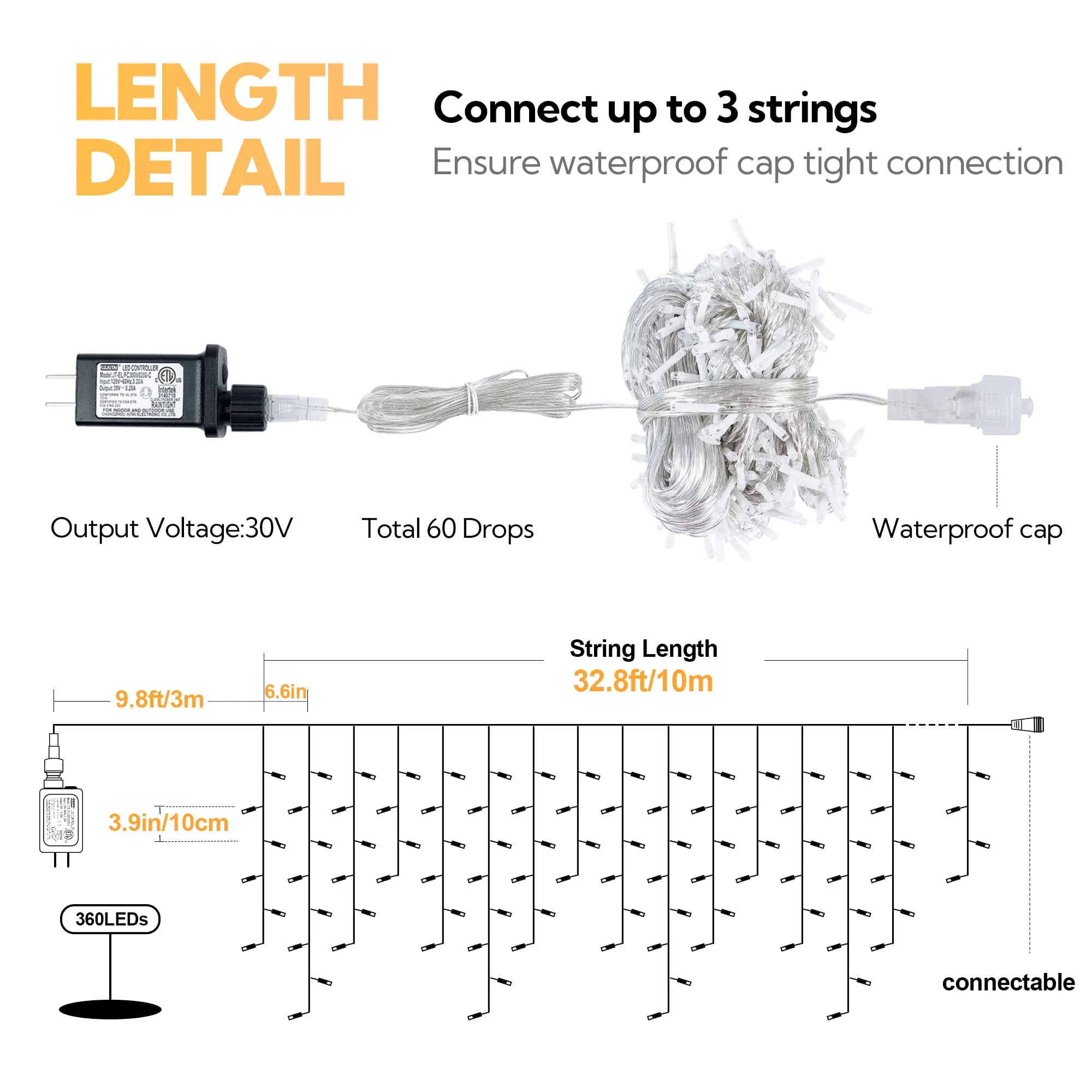 32 FT 360 LED Christmas Icicle Lights Outdoor Waterproof, 8 Modes Plug in Curtain String LIghts With 60 Drops,Christmas Lights for Wedding, Party ,Bedroom, Home, Garden ,Wall Decorations(Warm White) - Image 6
