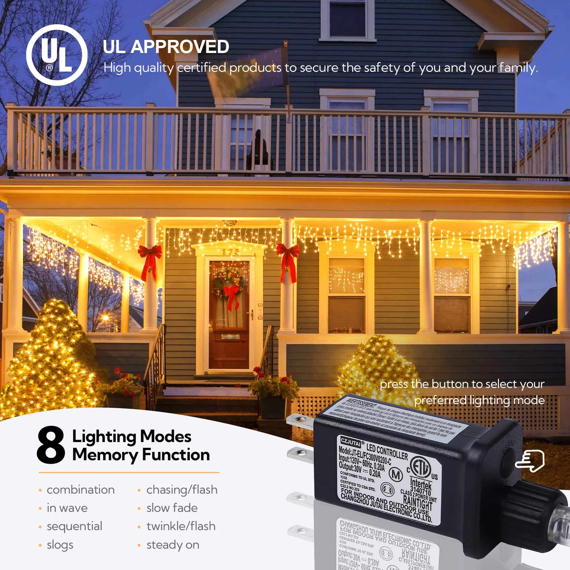 32 FT 360 LED Christmas Icicle Lights Outdoor Waterproof, 8 Modes Plug in Curtain String LIghts With 60 Drops,Christmas Lights for Wedding, Party ,Bedroom, Home, Garden ,Wall Decorations(Warm White) - Image 7
