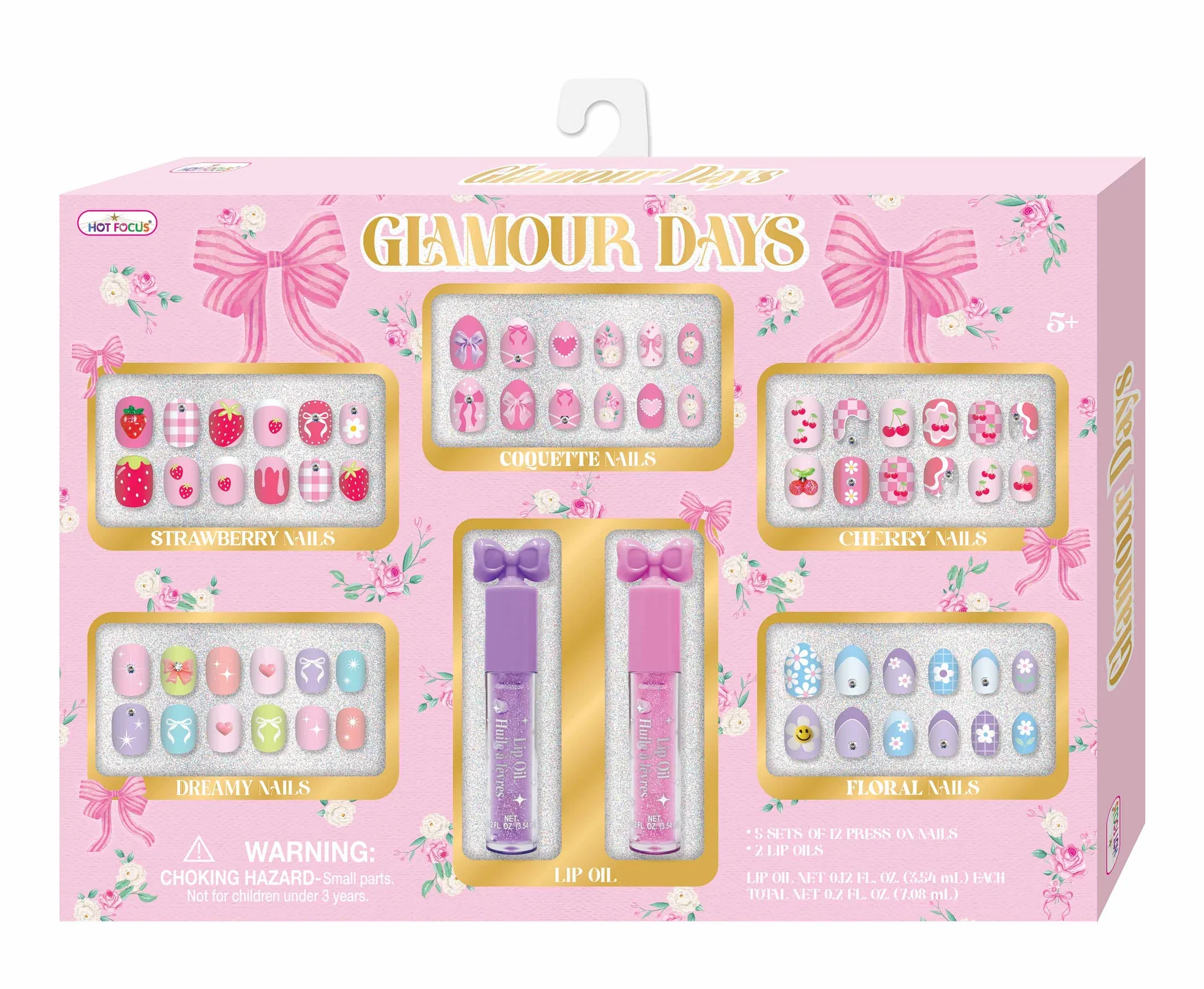 Hot Focus Glamour Days Set, Children's  Beauty Kit Featuring Press On Nails And Lip Oil