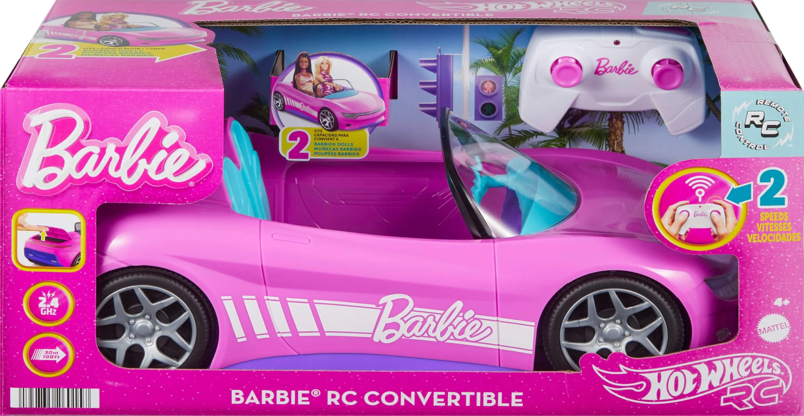 Hot Wheels Barbie RC Toy Car, Remote-Control Pink Convertible, Can Hold 2 Barbie Fashion Dolls & Trunk Opens for Storage