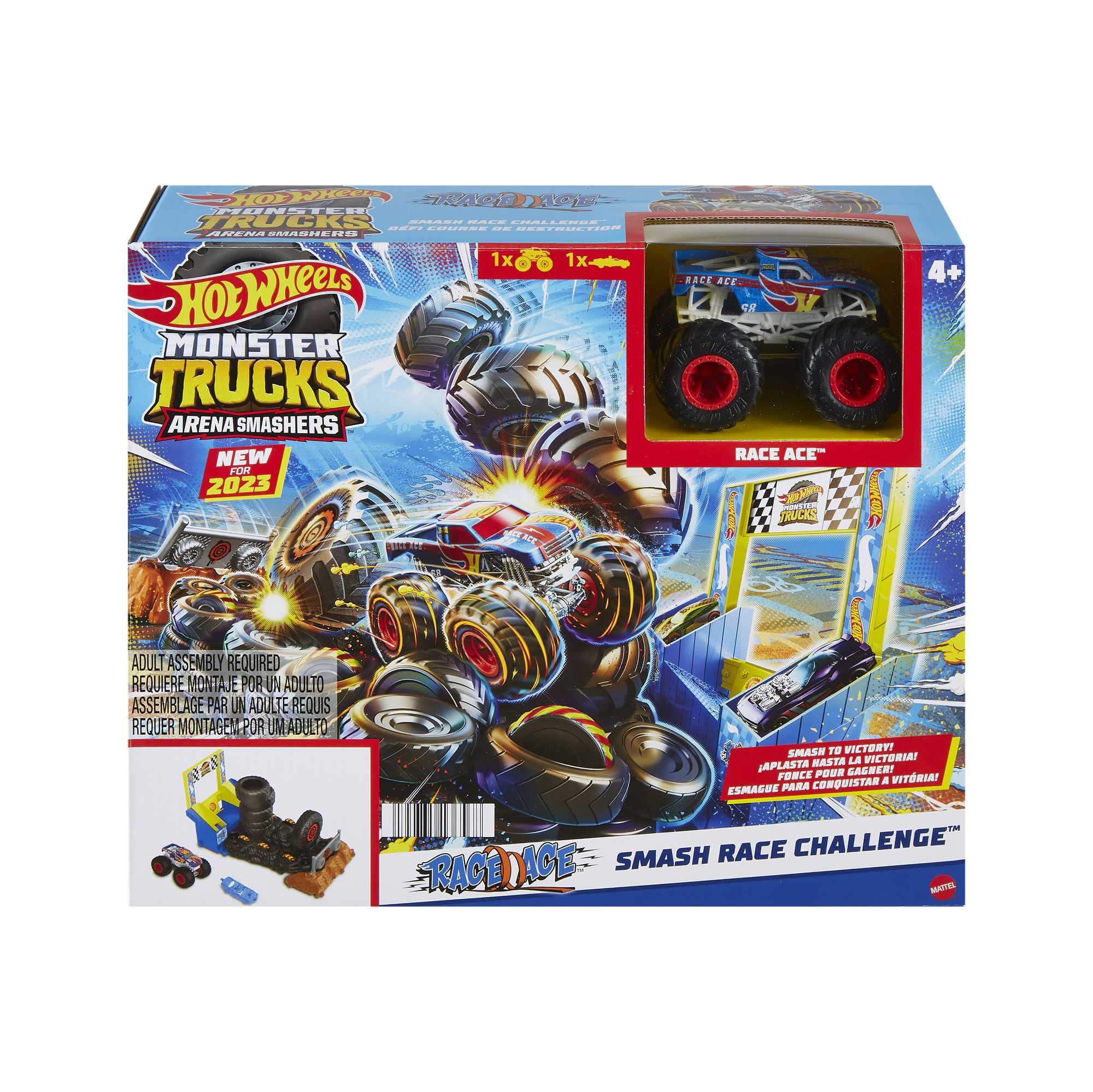 Hot Wheels Monster Trucks Arena Smashers Race Ace Smash Race Challenge Playset with 1:64 Scale Race Ace Toy Truck and 1 Crushable Car - Image 2